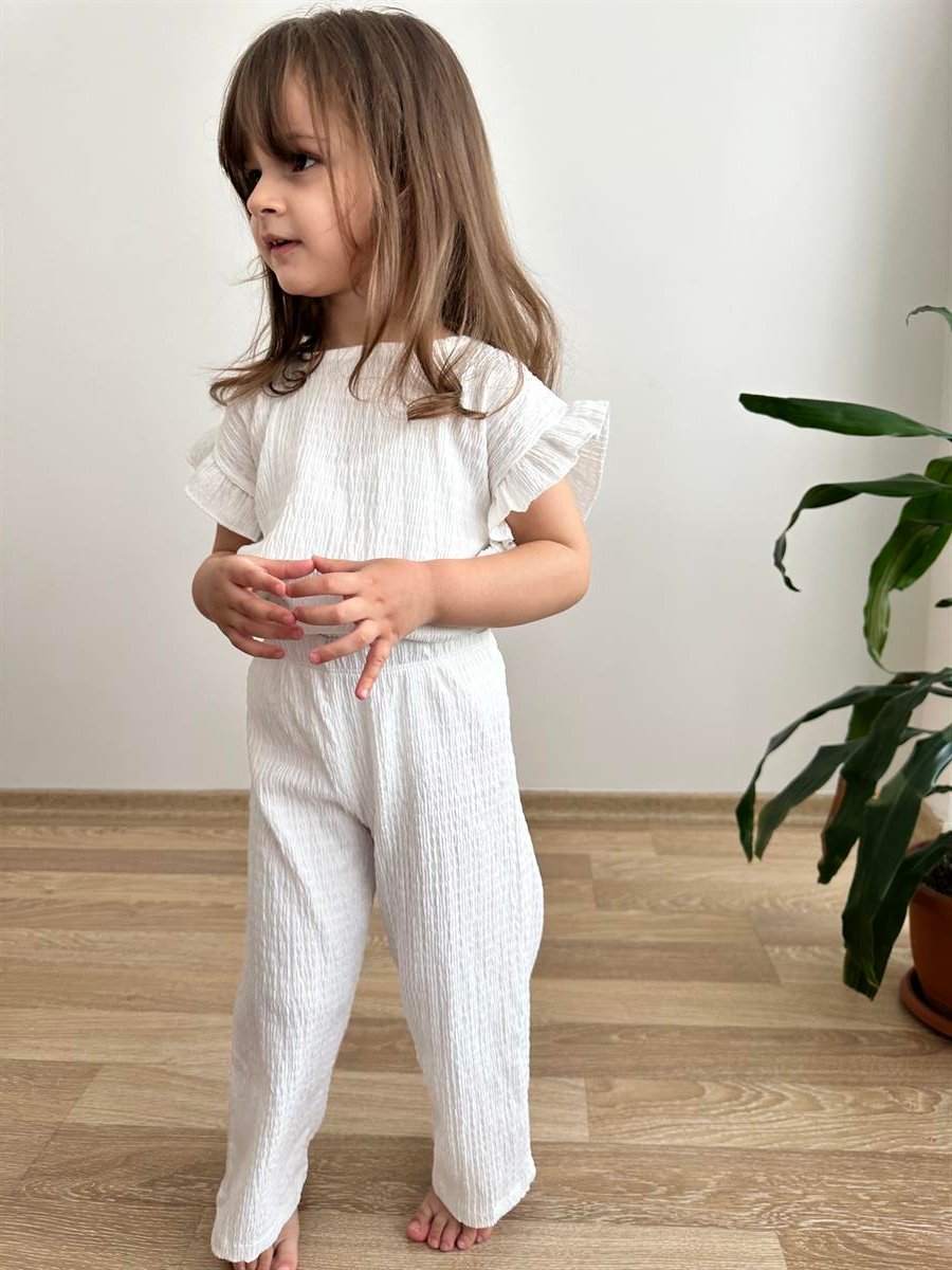 Beyaz Fırfırlı Alt-Üst Kız Çocuk Takım Beyaz