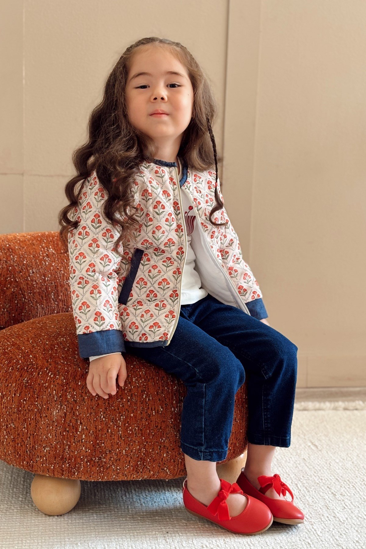 Çiçek Desenli Mevsimlik Ceket Mont Lacivert