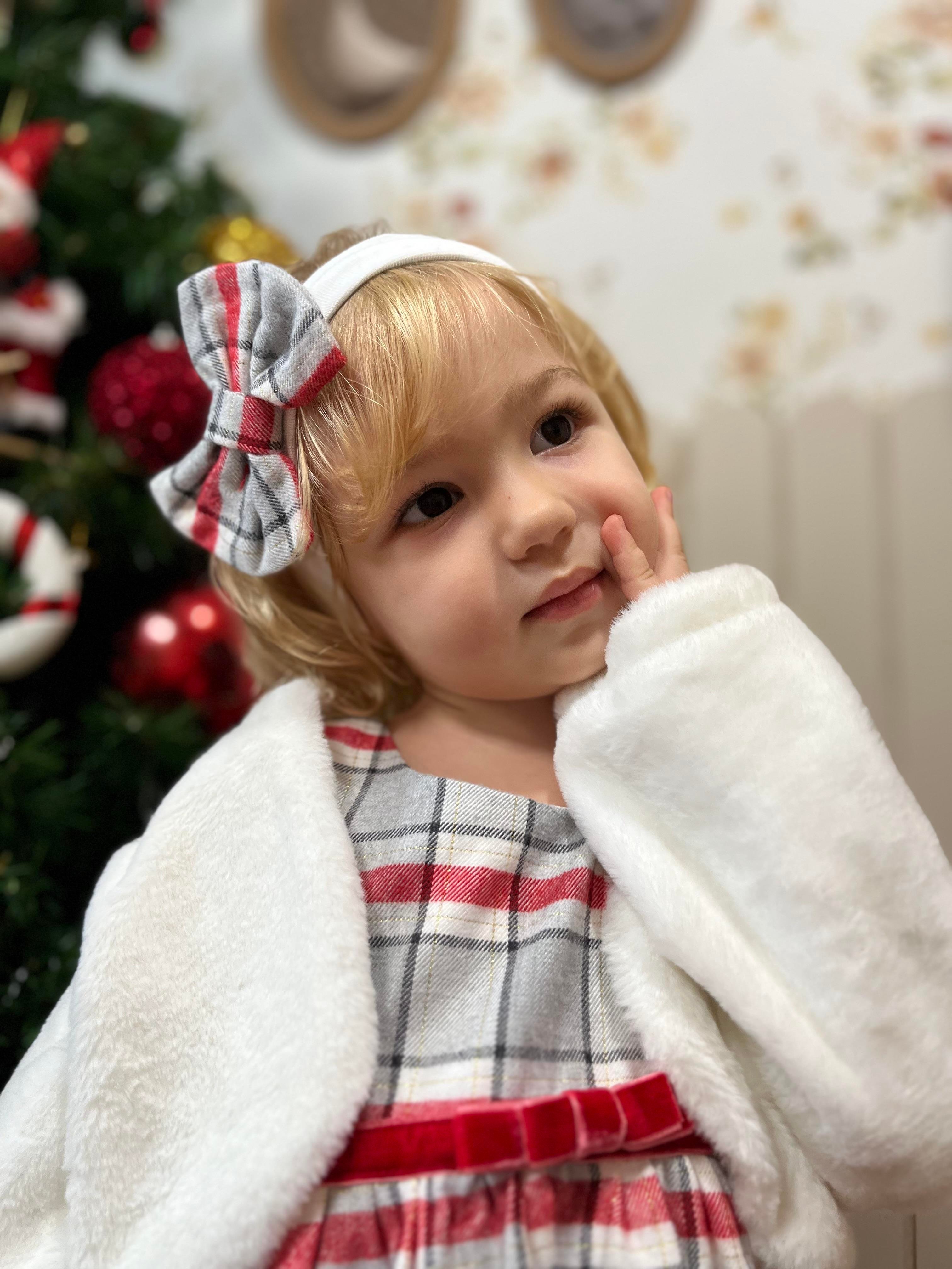 Ekose Desen 2'li Kız Çocuk Kürklü Jile Takım Beyaz