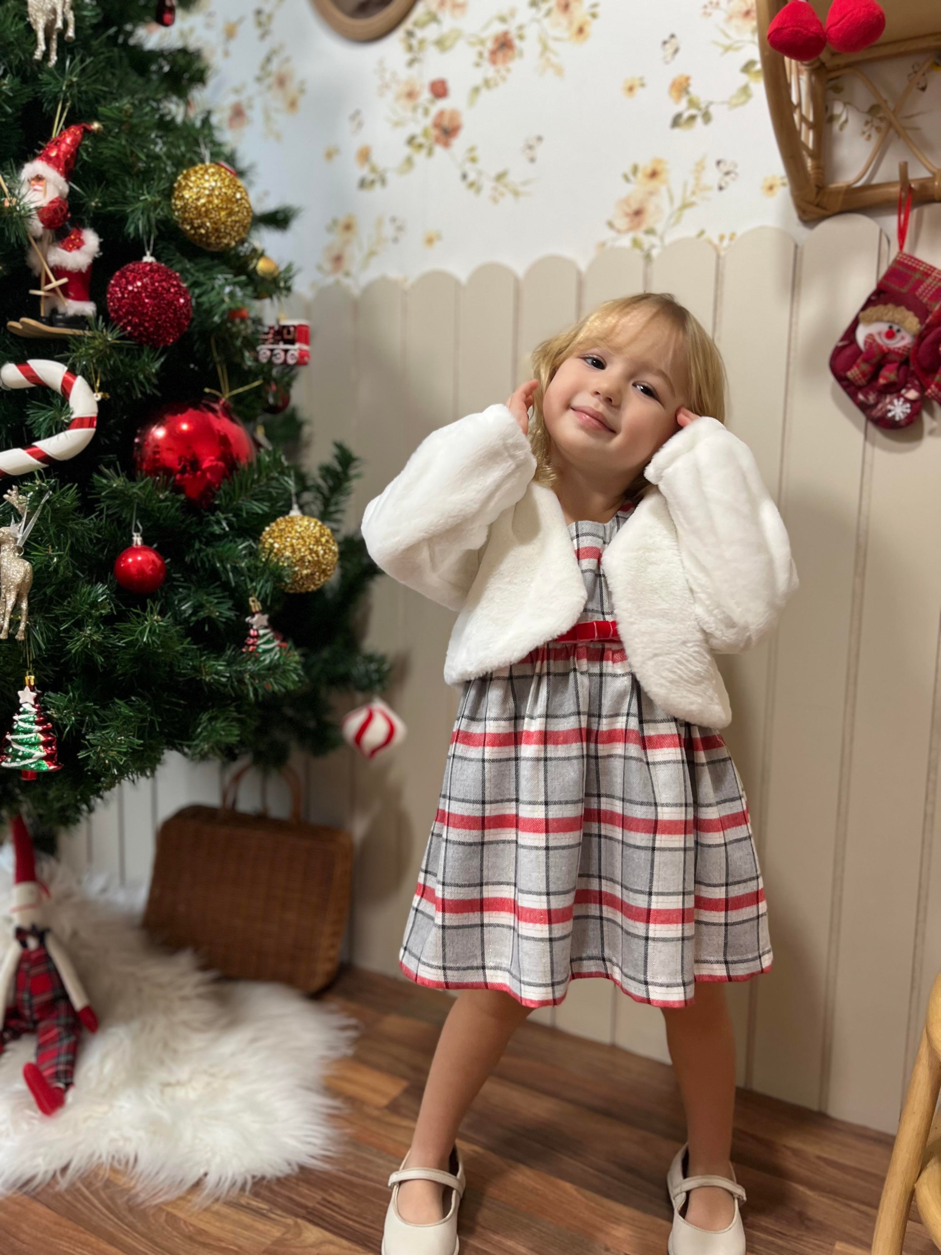 Ekose Desen 2'li Kız Çocuk Kürklü Jile Takım Beyaz