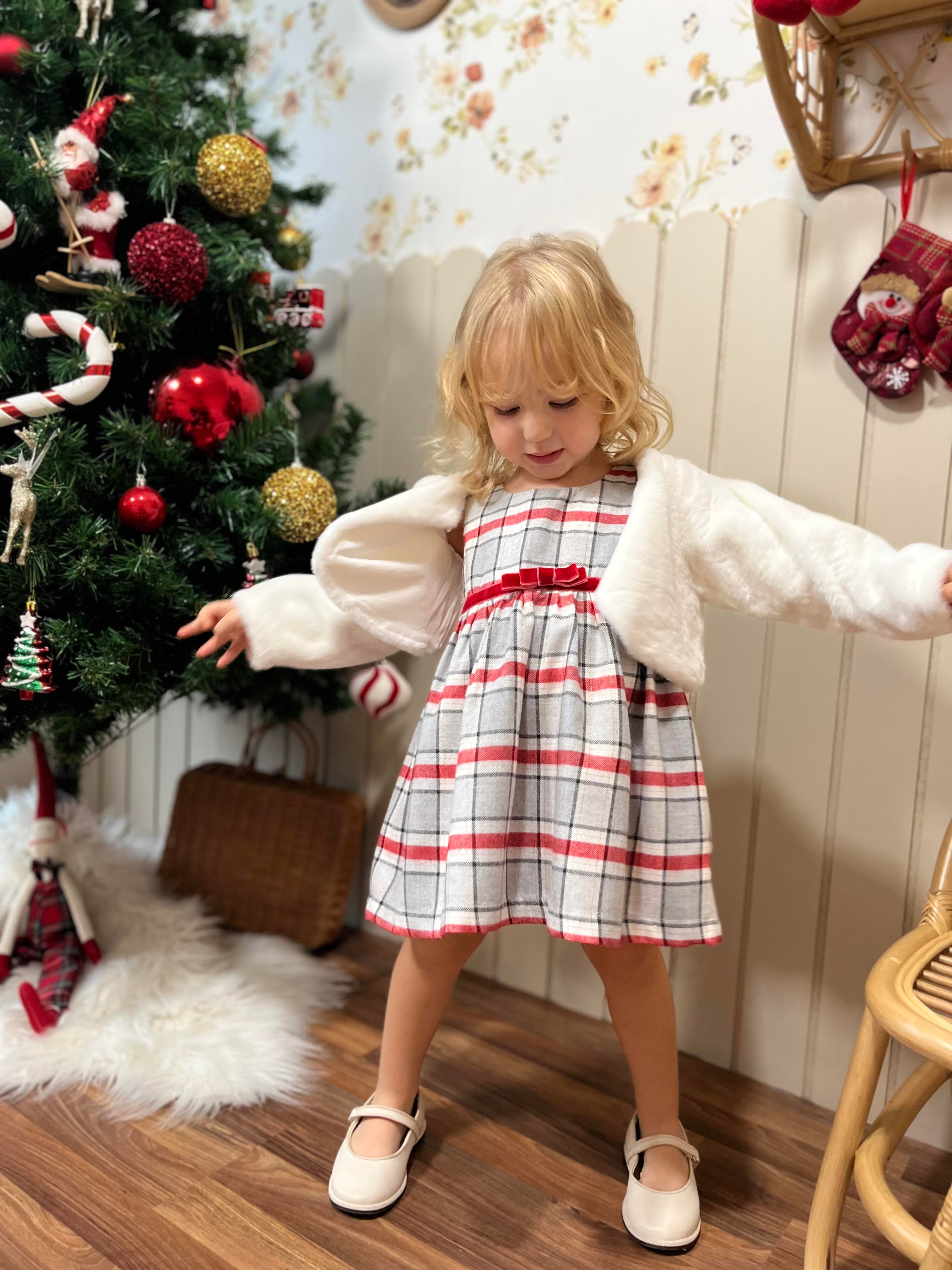 Ekose Desen 2'li Kız Çocuk Kürklü Jile Takım Beyaz