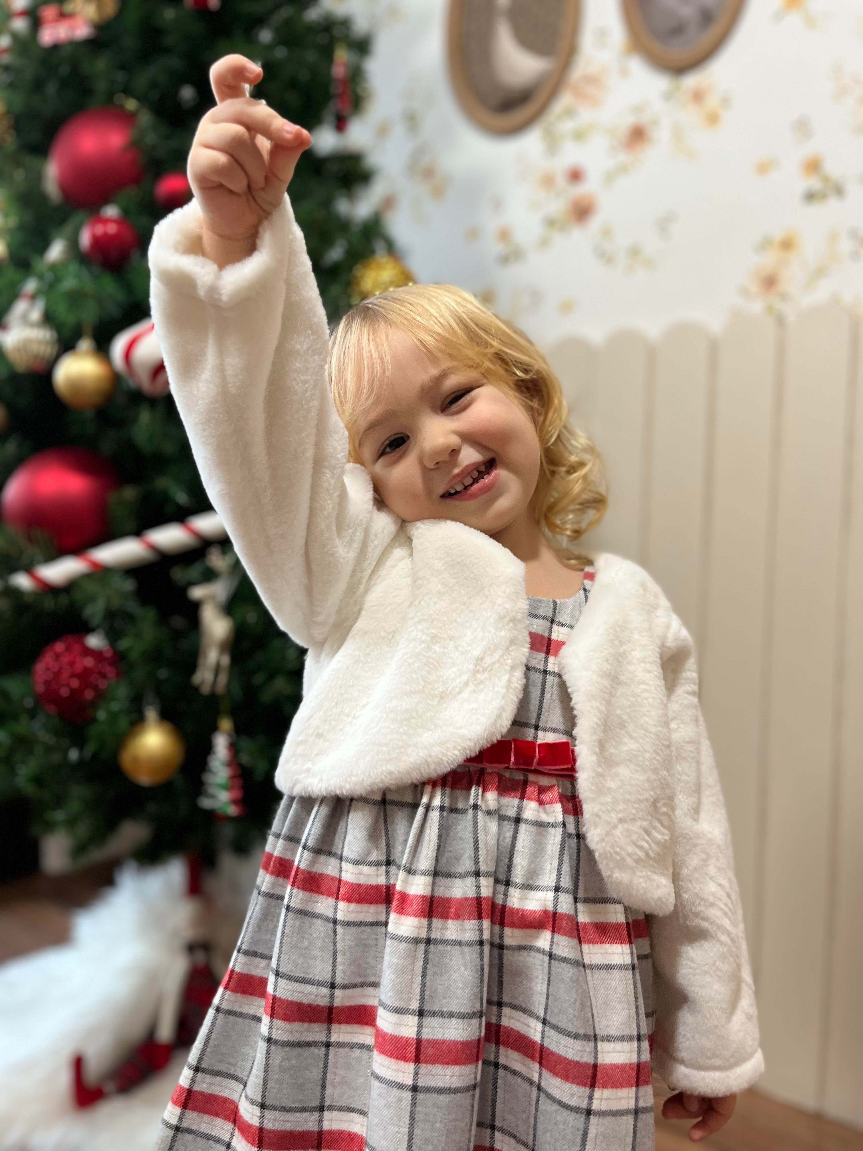 Ekose Desen 2'li Kız Çocuk Kürklü Jile Takım Beyaz