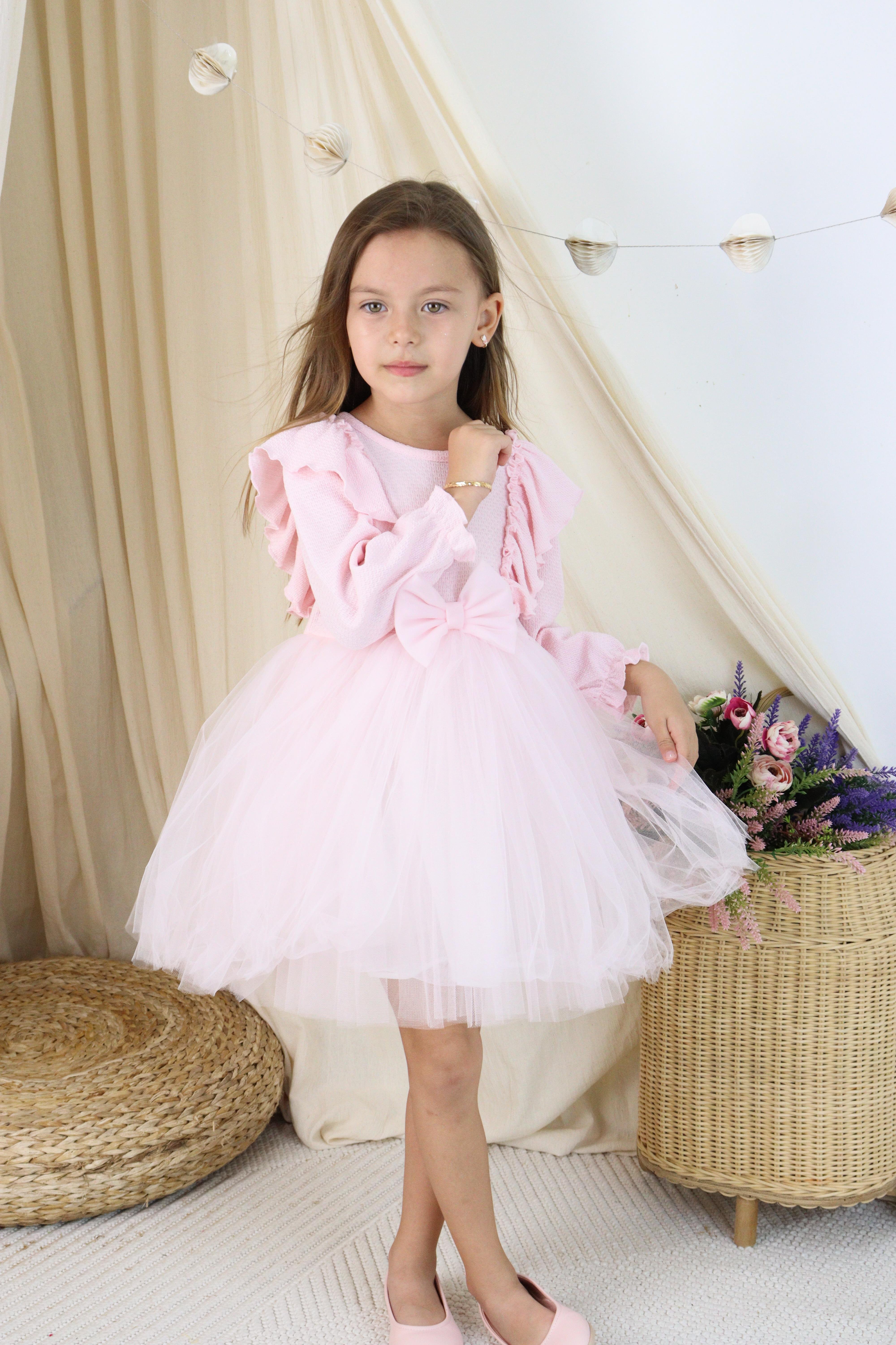 Fırfırlı Kabarık Etek Kız Çocuk Elbise Pembe