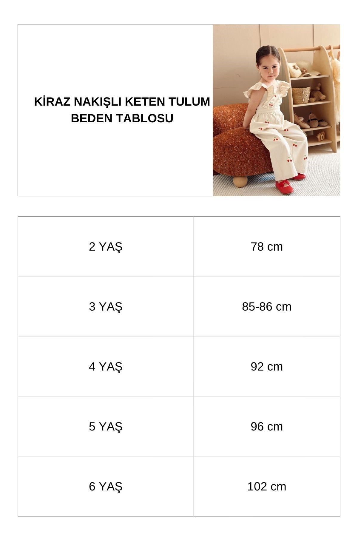 Kiraz Nakışlı Keten Tulum Bej