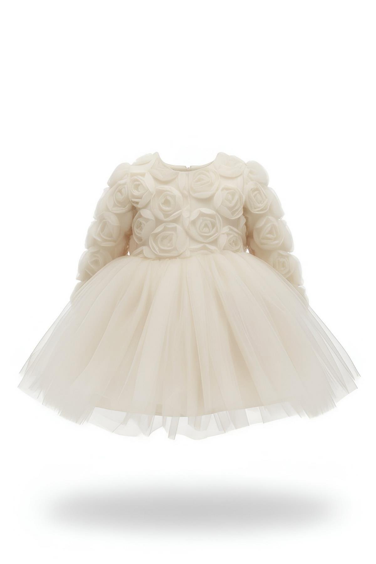 Rosa Ekru Güllü Kız Çocuk Uzun Kollu Elbise