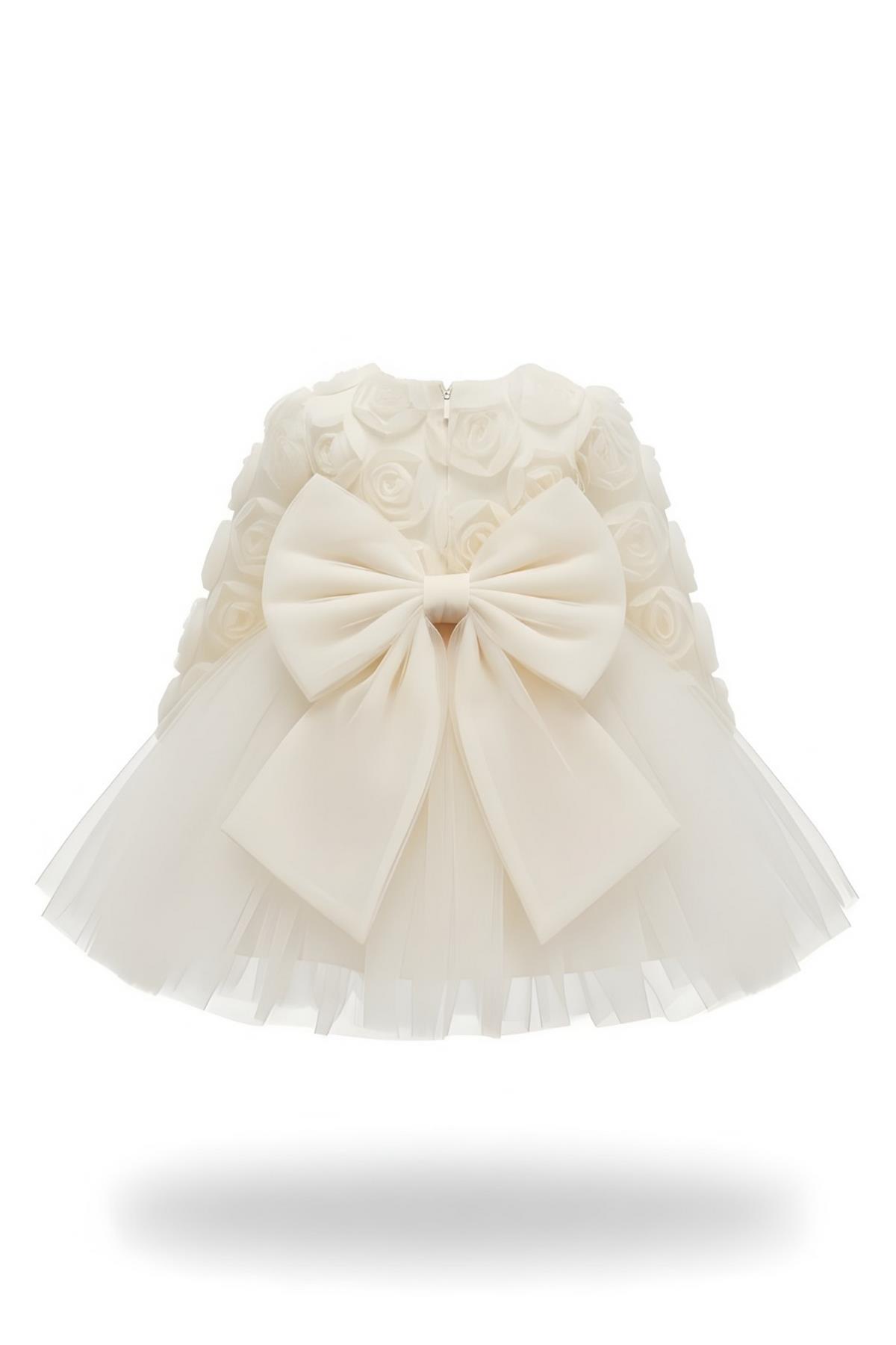 Rosa Ekru Güllü Kız Çocuk Uzun Kollu Elbise