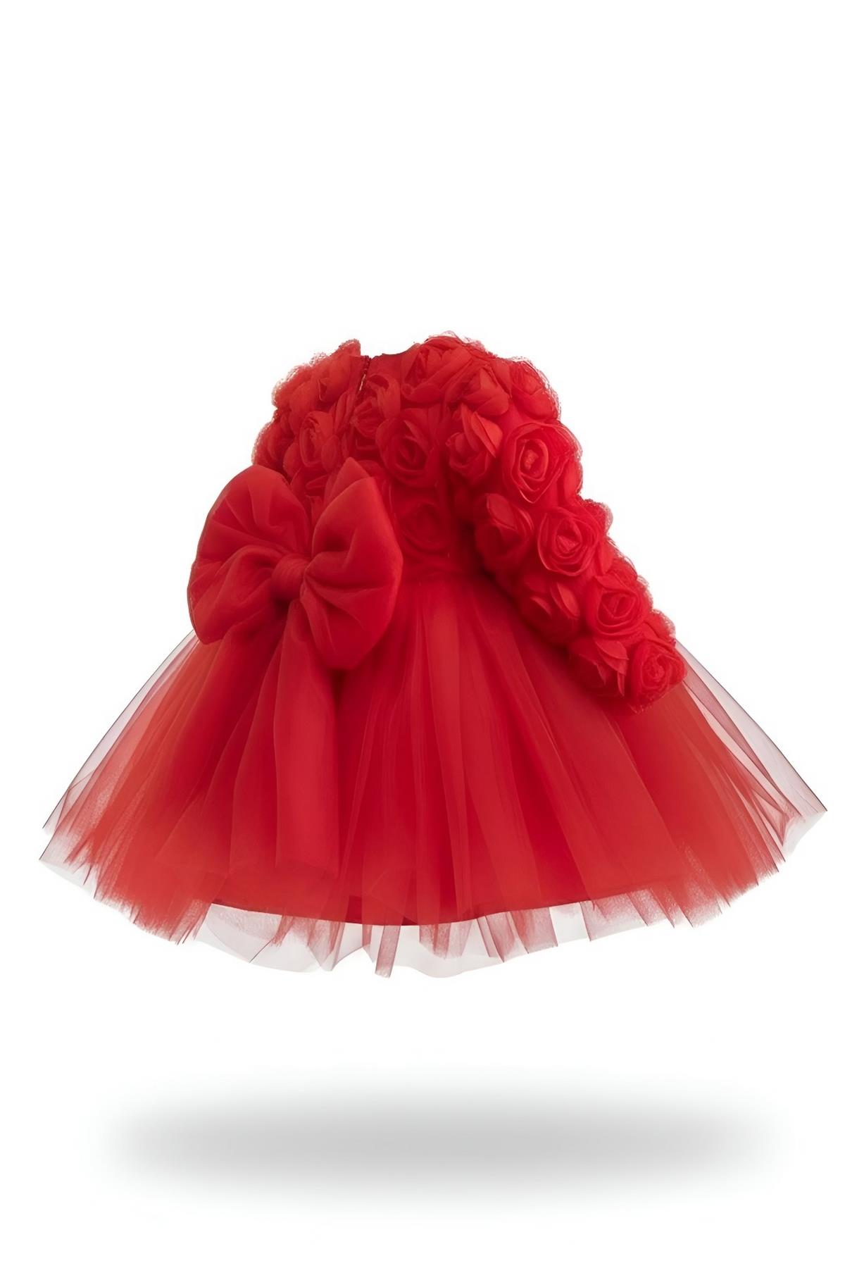 Rosa Kırmızı Güllü Kız Çocuk Uzun Kollu Elbise