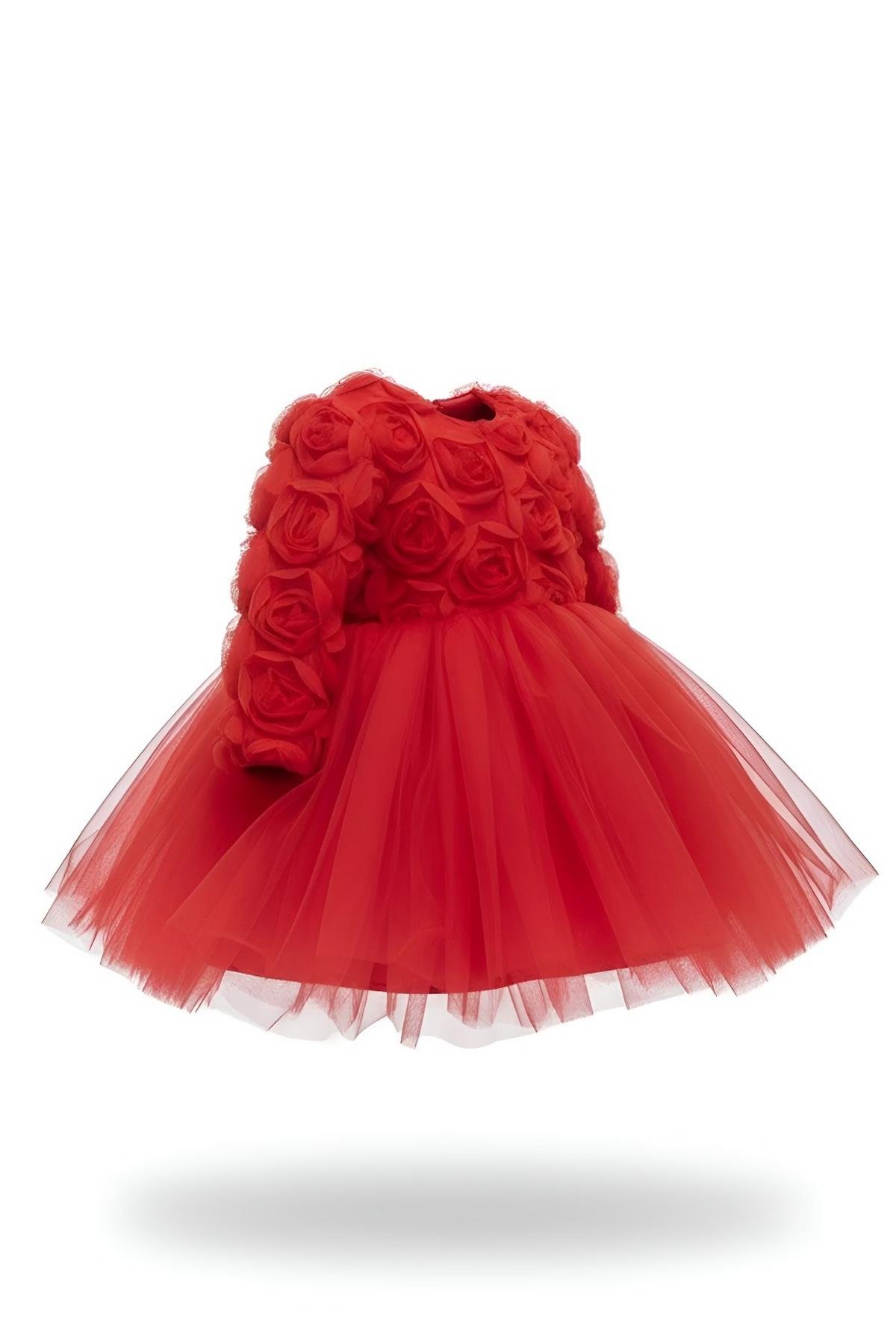 Rosa Kırmızı Güllü Kız Çocuk Uzun Kollu Elbise