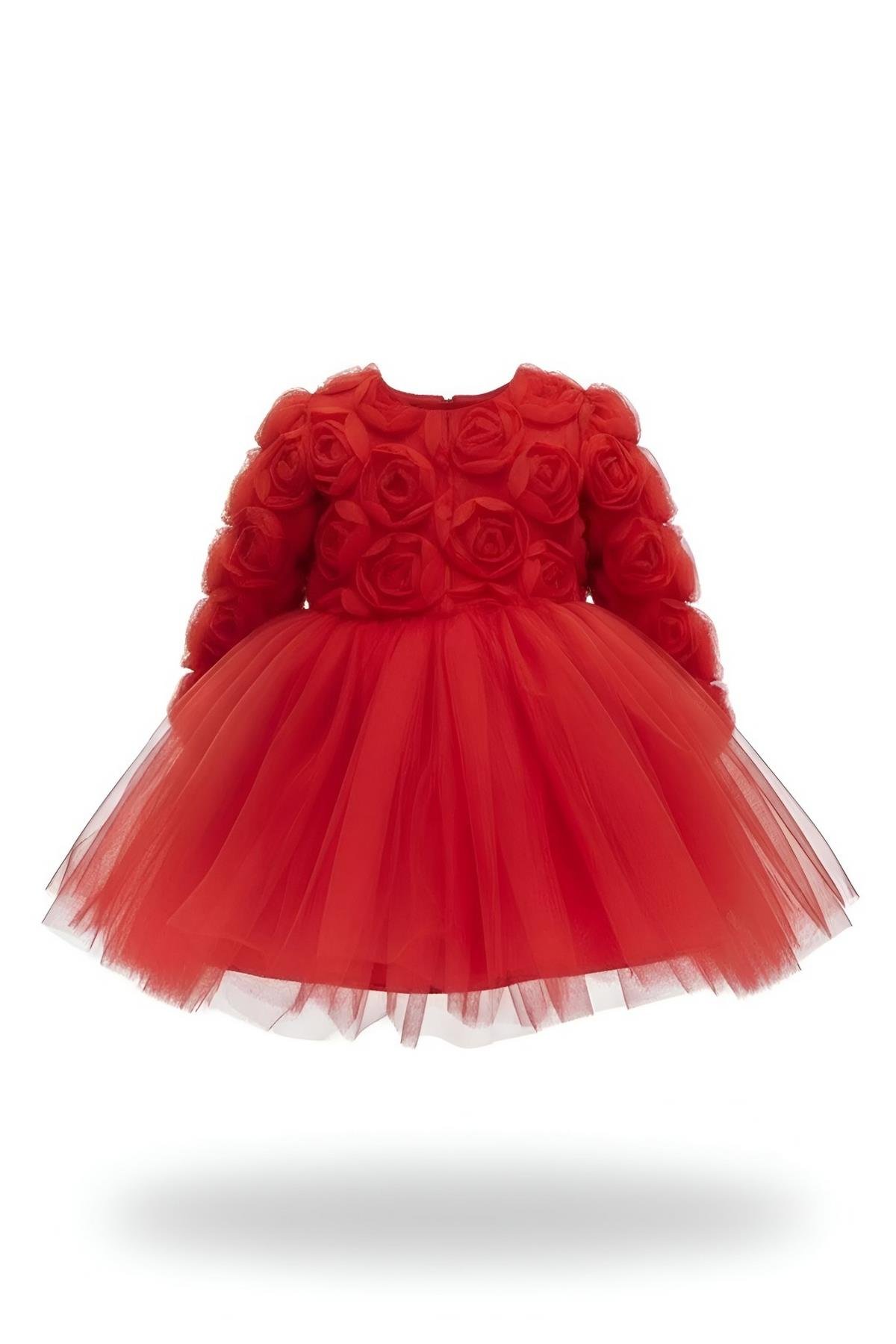 Rosa Kırmızı Güllü Kız Çocuk Uzun Kollu Elbise