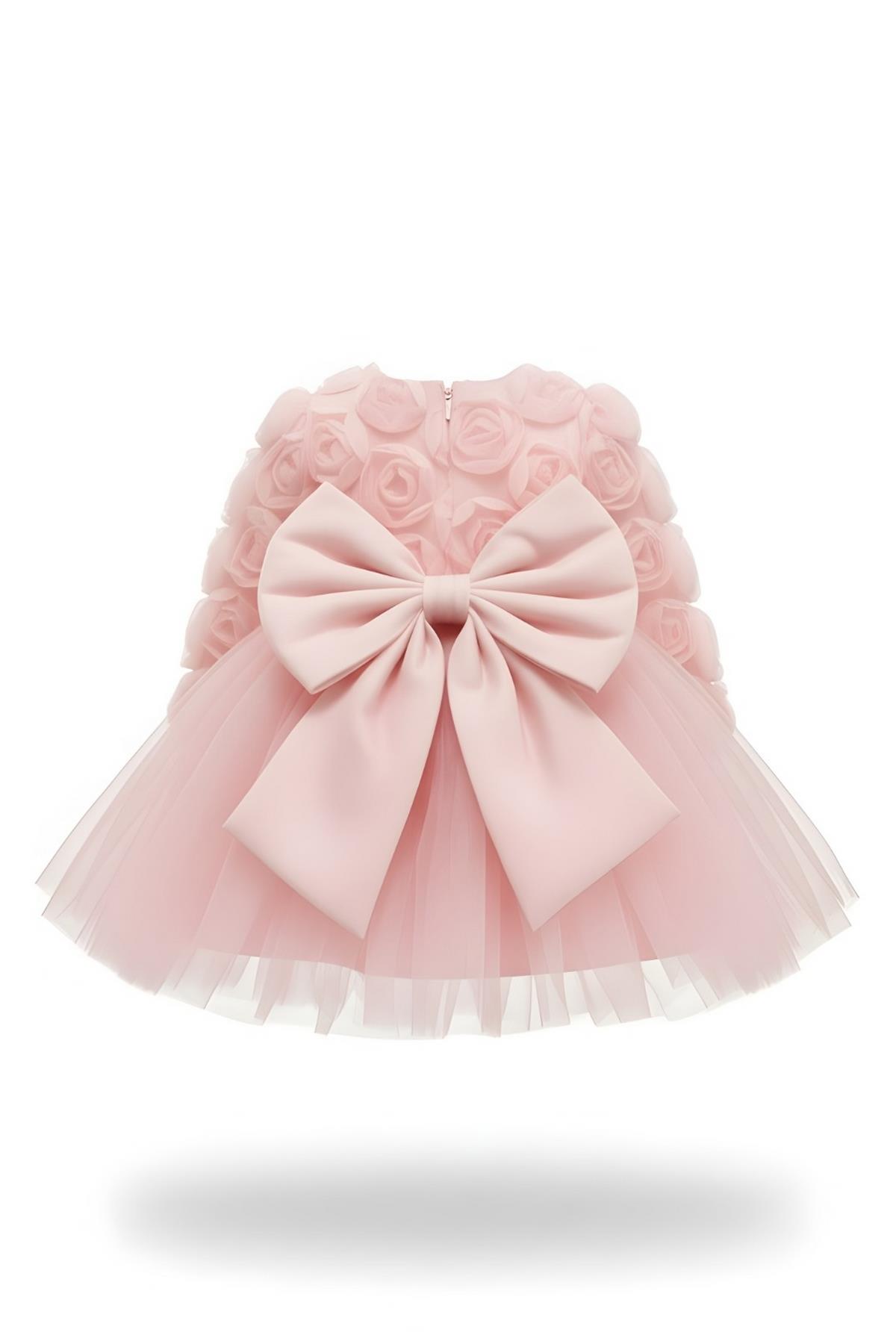 Rosa Pembe Güllü Kız Çocuk Uzun Kollu Elbise