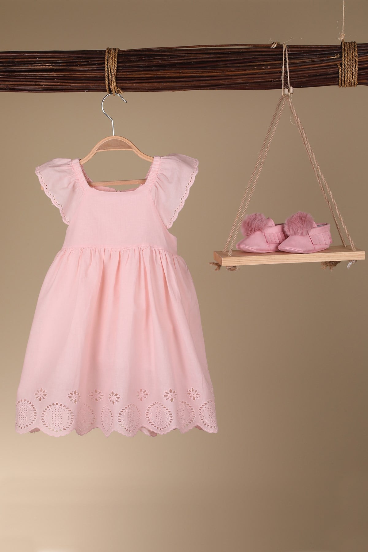 Sindirella Fisto Şeritli Kız Çocuk Elbise Pembe