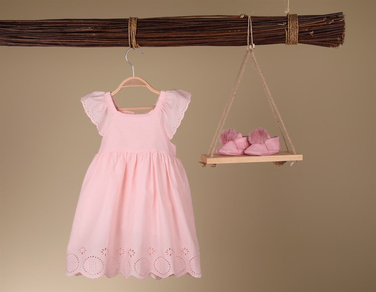 Sindirella Fisto Şeritli Kız Çocuk Elbise Pembe