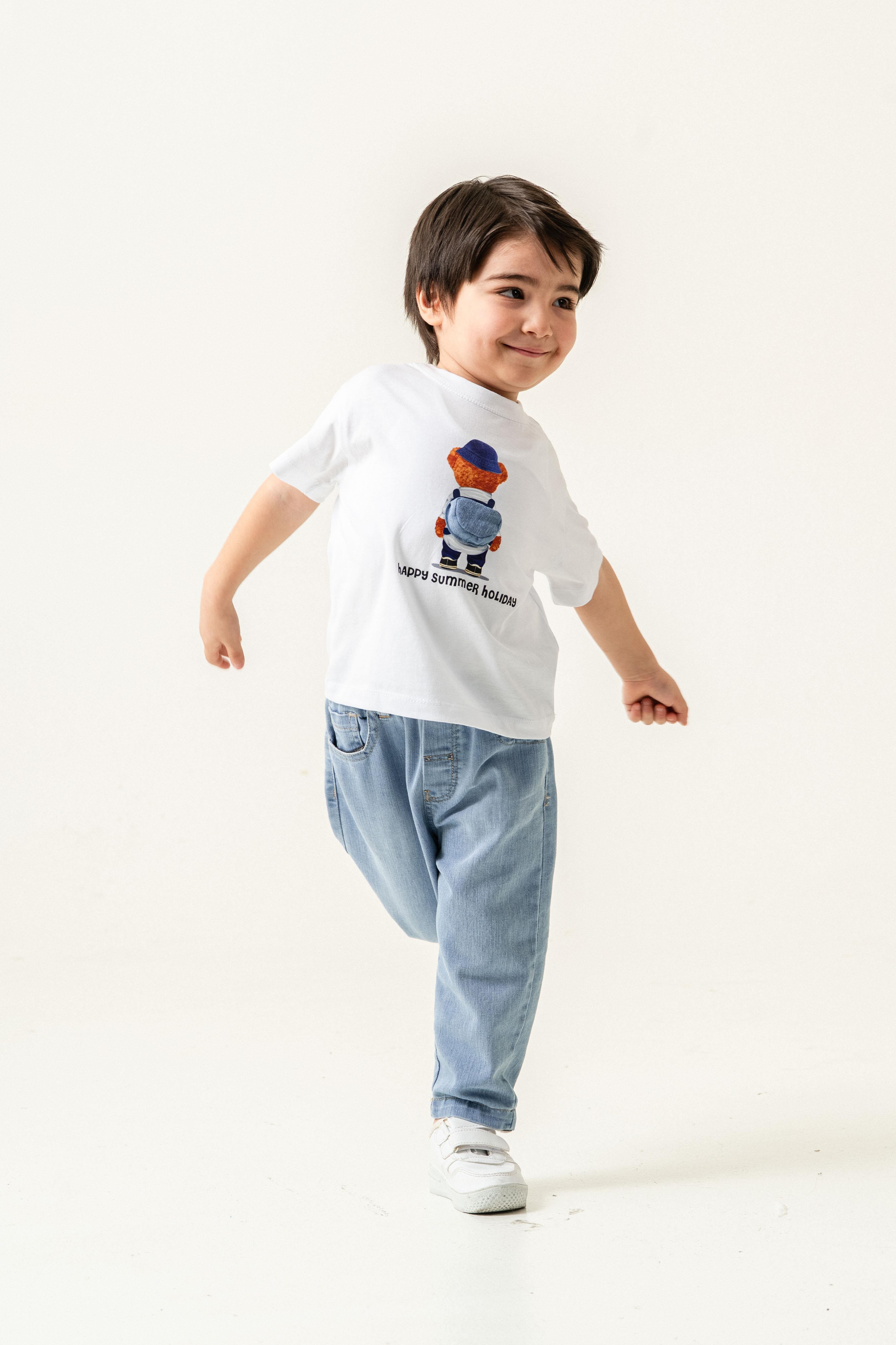 Teddy Tshirt Desenli Kot Pantolon Takım Beyaz
