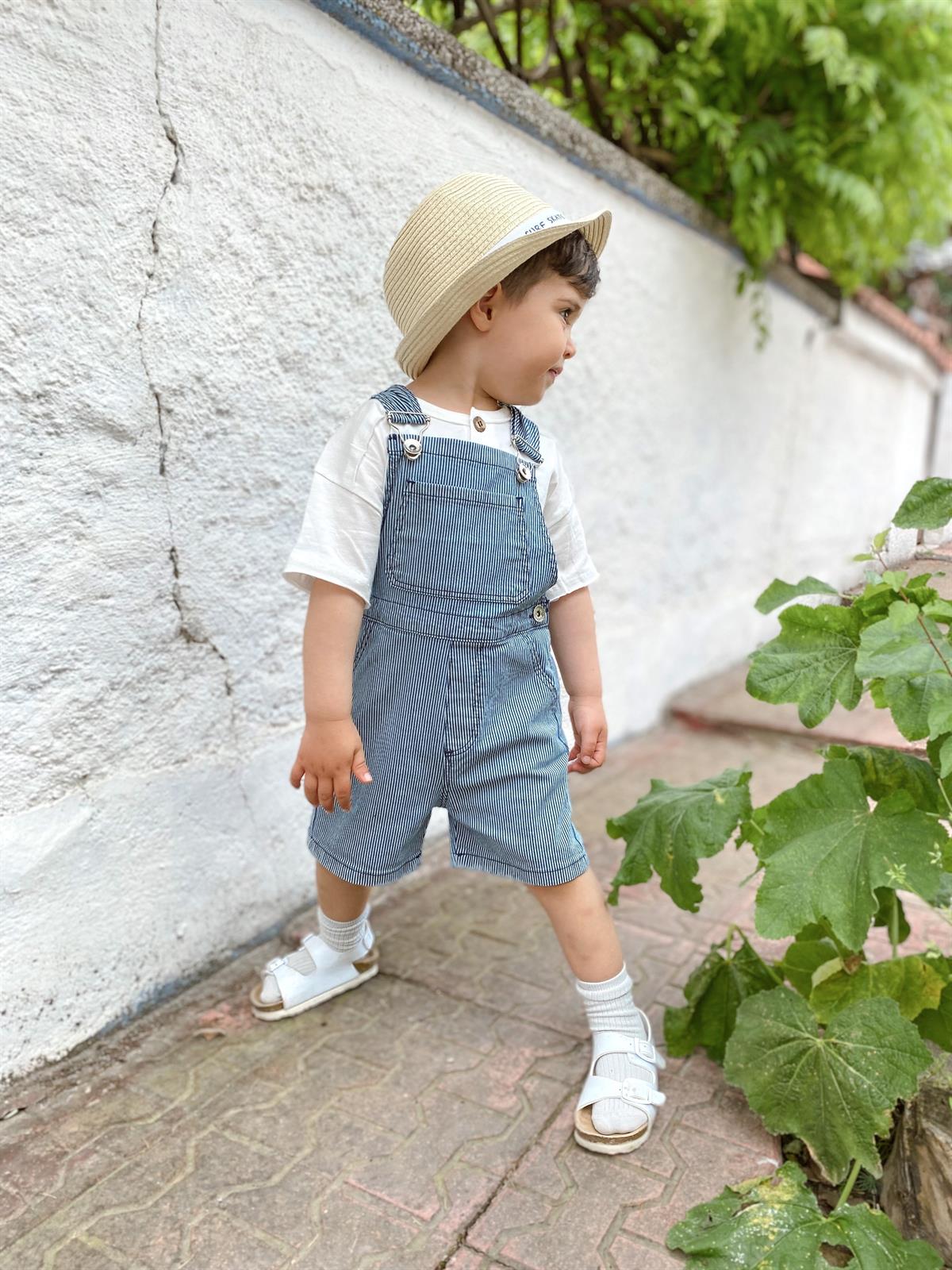 Unisex Çizgili Kot Şort Salopet Tulum