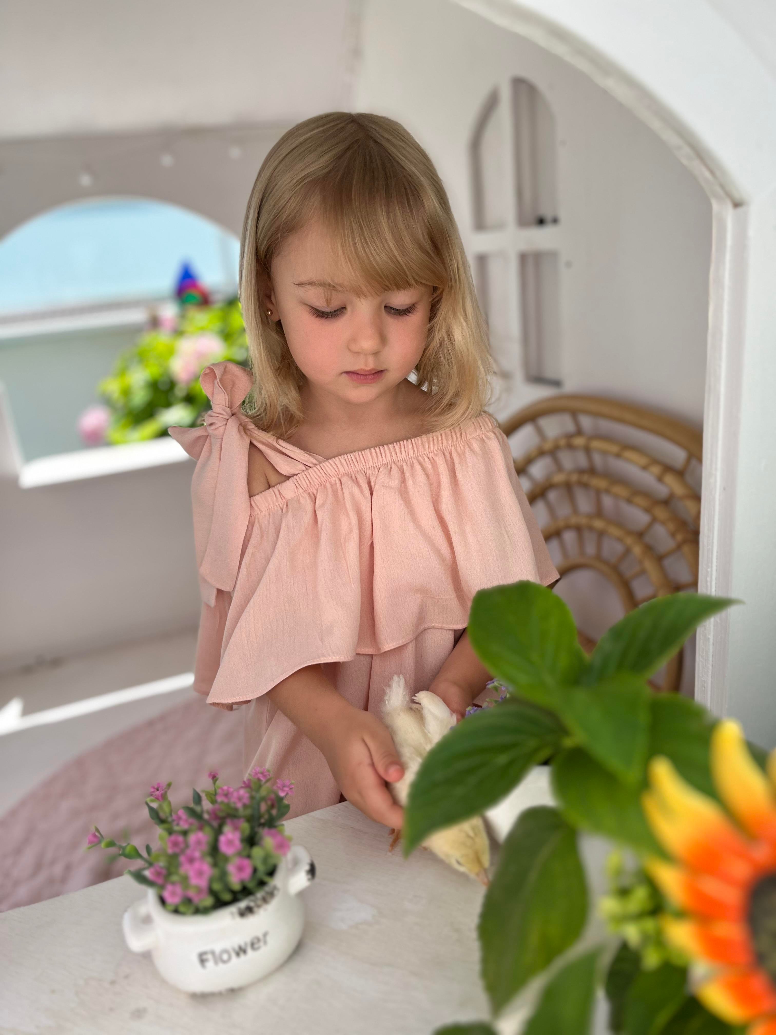 Yaka Detaylı Kız Çocuk Bluz Pudra