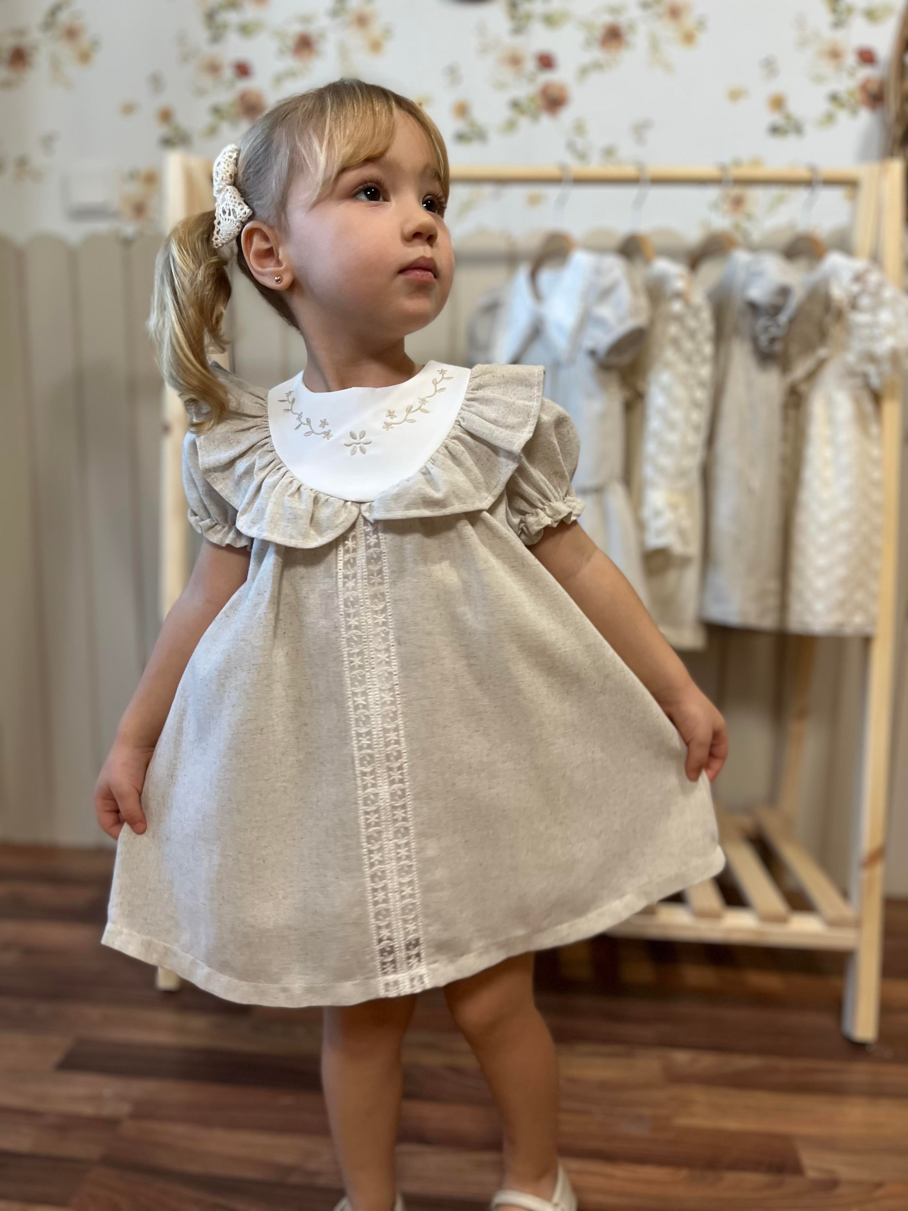 Yakası Fırfırlı Karpuz Kol Kız Bebek Elbise Premium Seri %100 Keten Bej