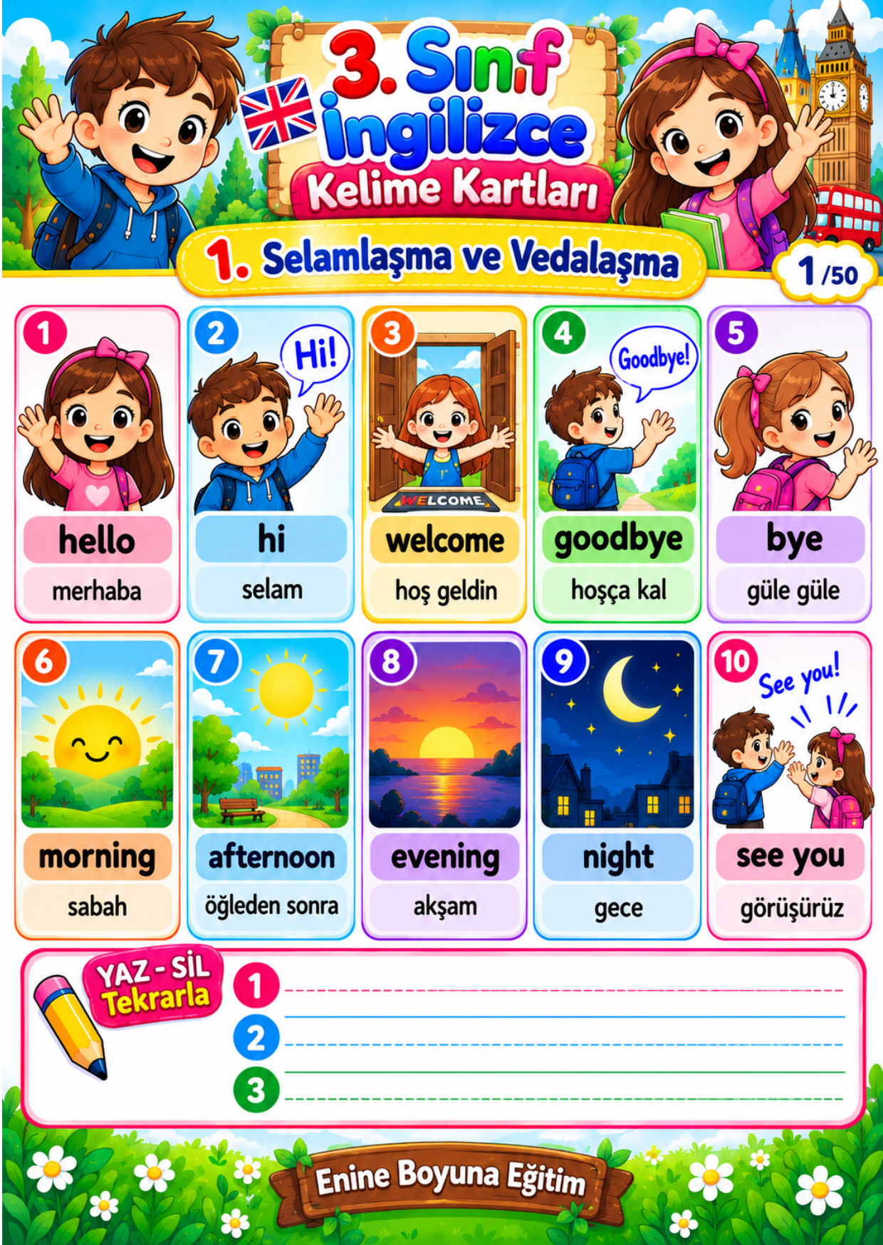 3. Sınıf Zincirli İngilizce Kelime Kartları