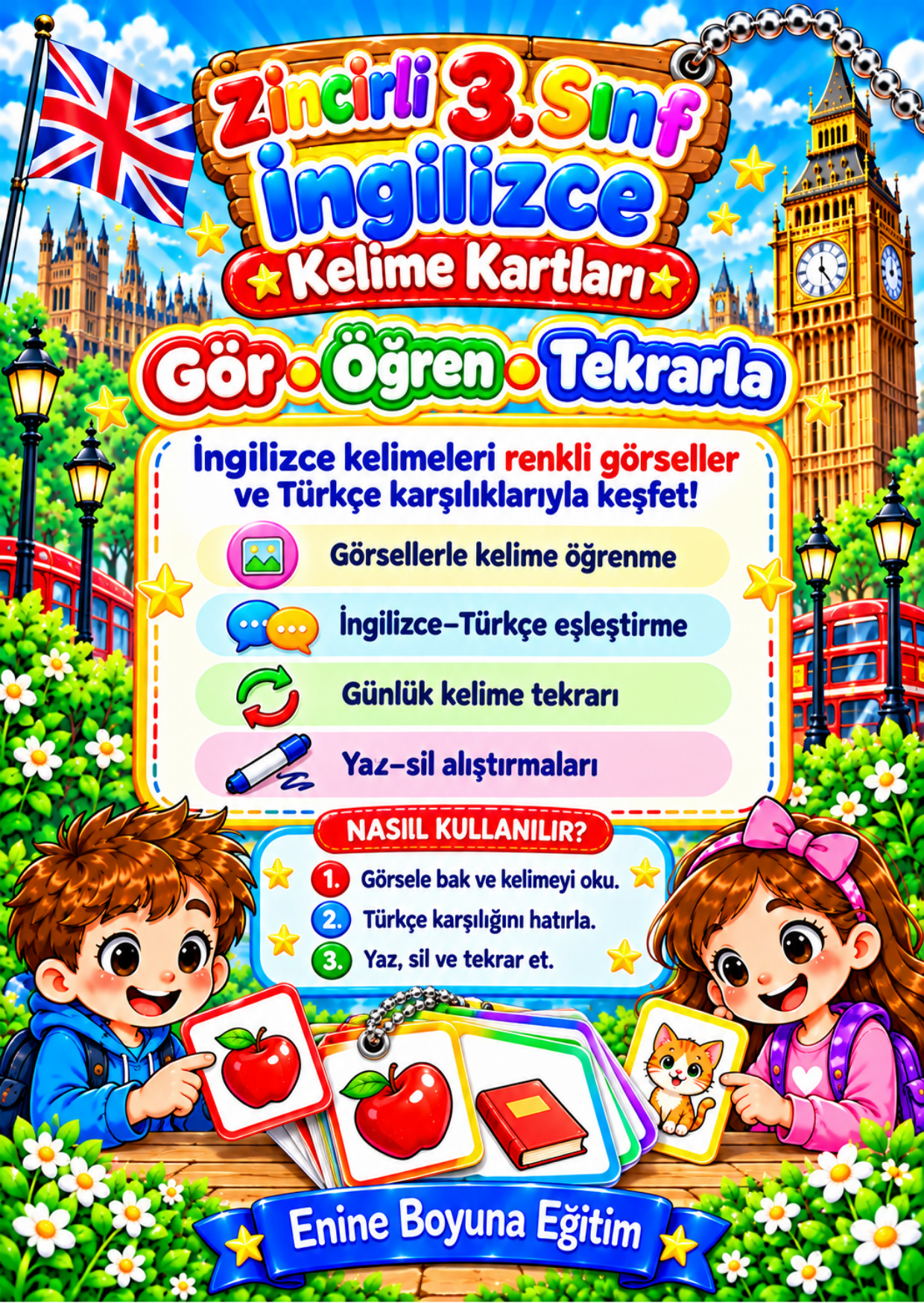 3. Sınıf Zincirli İngilizce Kelime Kartları
