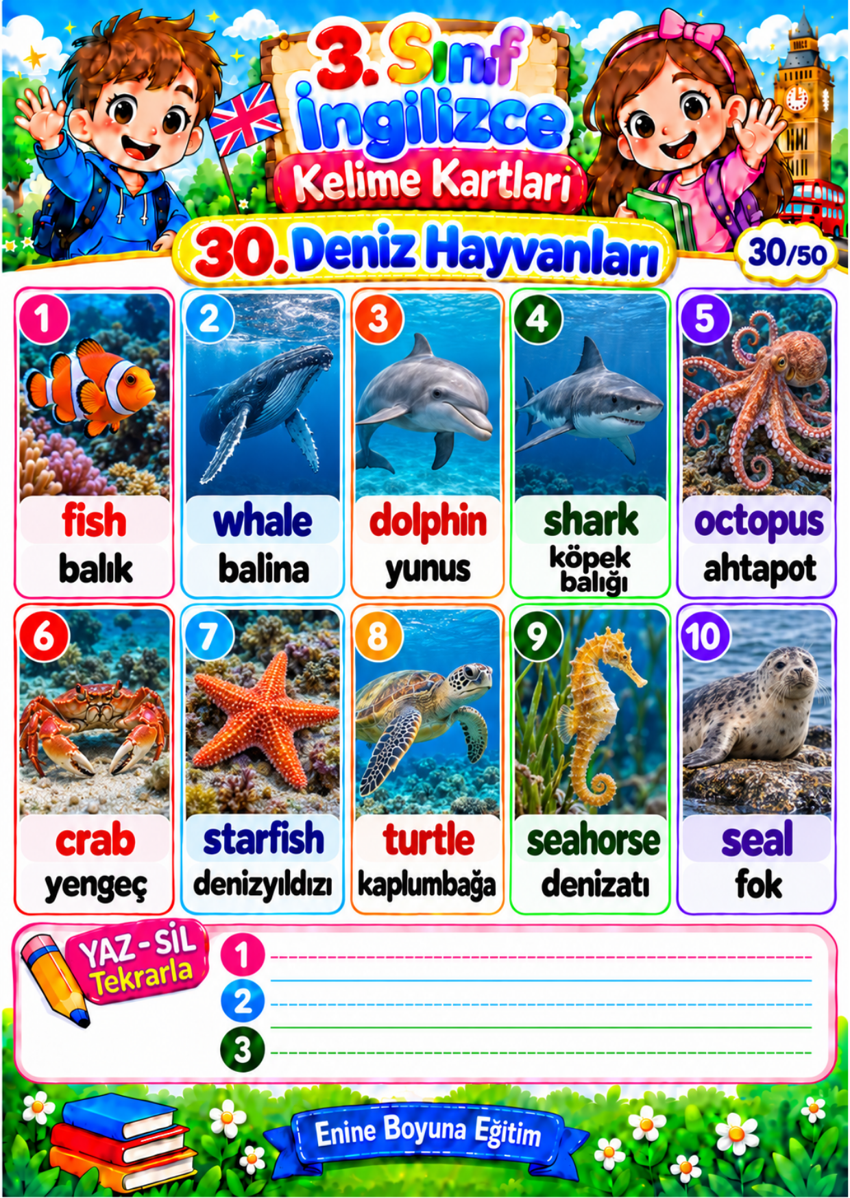 3. Sınıf Zincirli İngilizce Kelime Kartları