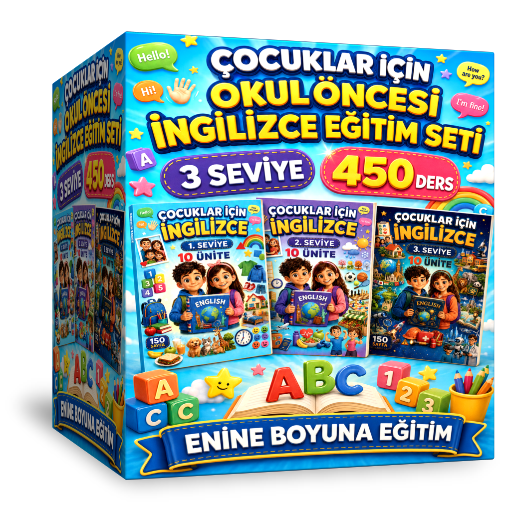 ÇOCUKLAR İÇİN OKUL ÖNCESİ İNGİLİZCE EĞİTİM SETİ – 3 SEVİYE, 450 DERS, TAM SAYFA RENKLİ