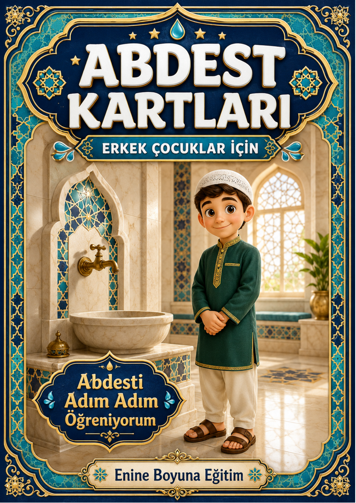 Erkek Çocuklar İçin Zincirli Abdest ve Namaz Kartları – 50 Kart + Silinebilir Kalem