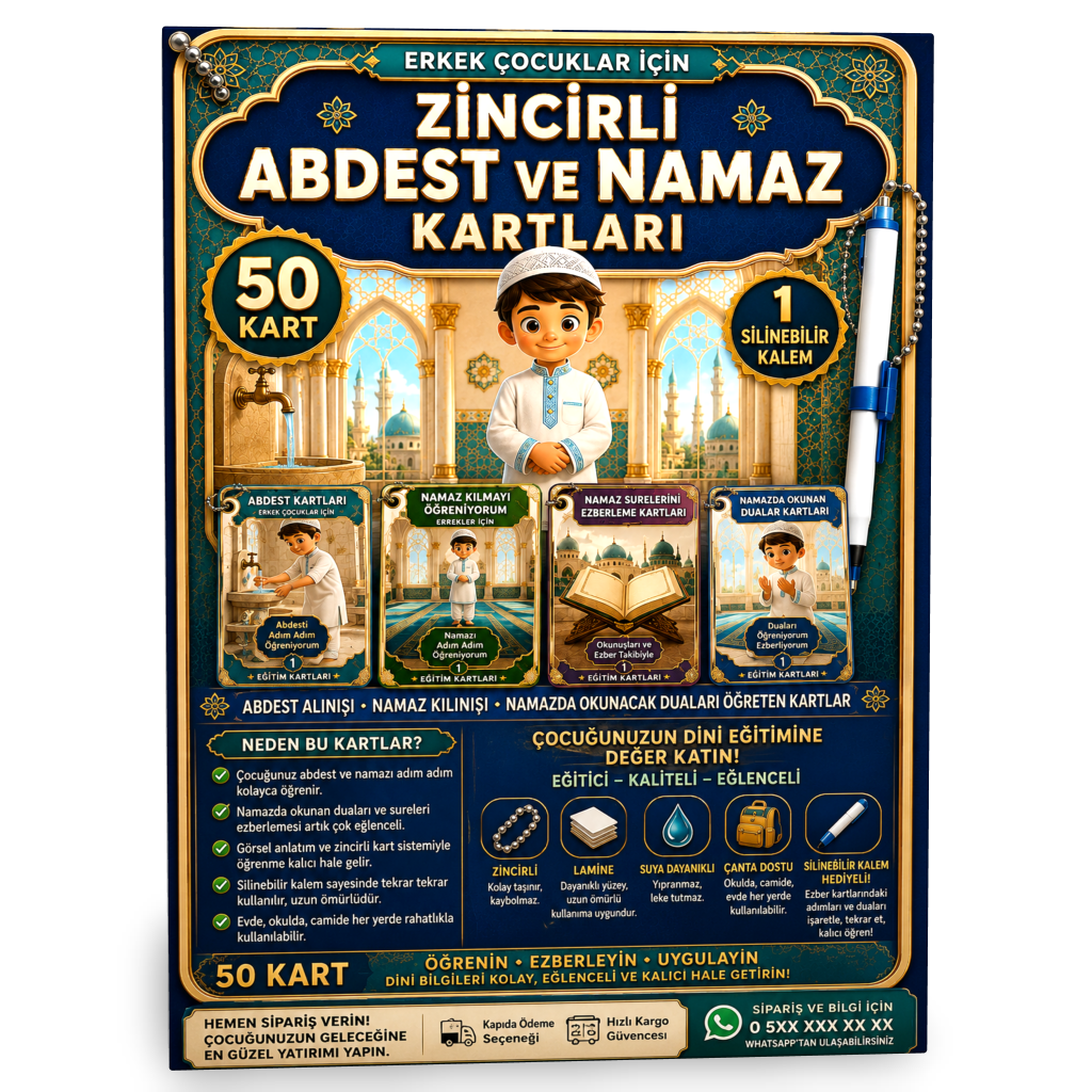 Erkek Çocuklar İçin Zincirli Abdest ve Namaz Kartları – 50 Kart + Silinebilir Kalem