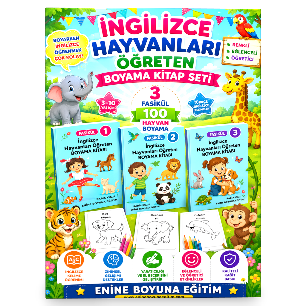 Hayvanları İngilizce Öğreten Boyama Kitap Seti (3 Kitap)