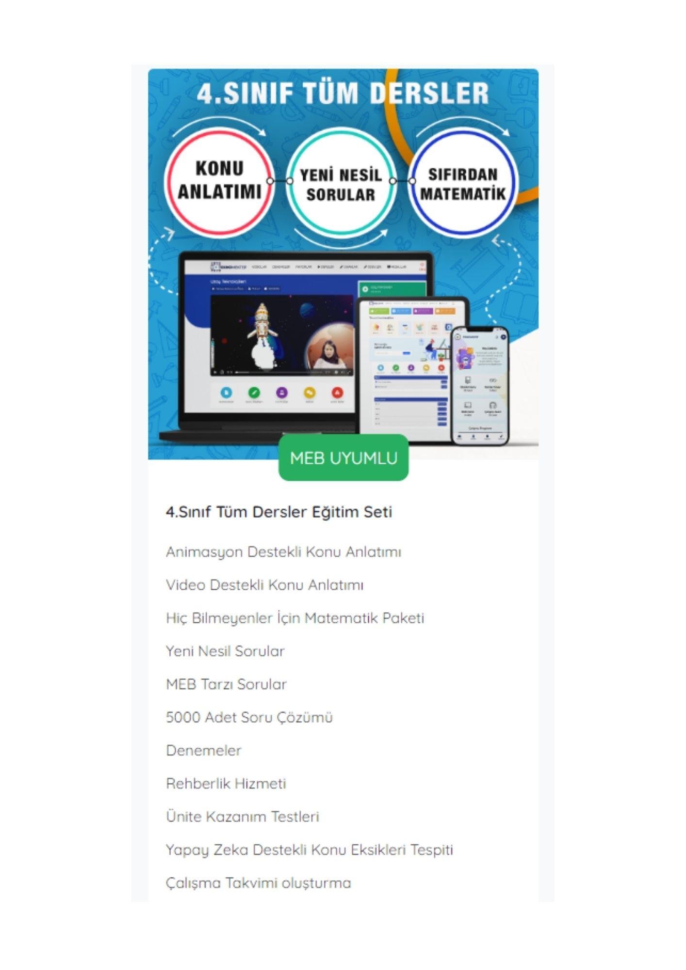 İlköğretim 4. Sınıf Tüm Dersler Online Görüntülü Eğitim Seti