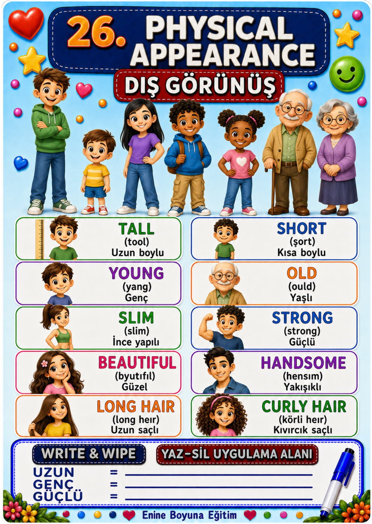 İngilizce Dil Kartları Zincirli YAZ-SİL