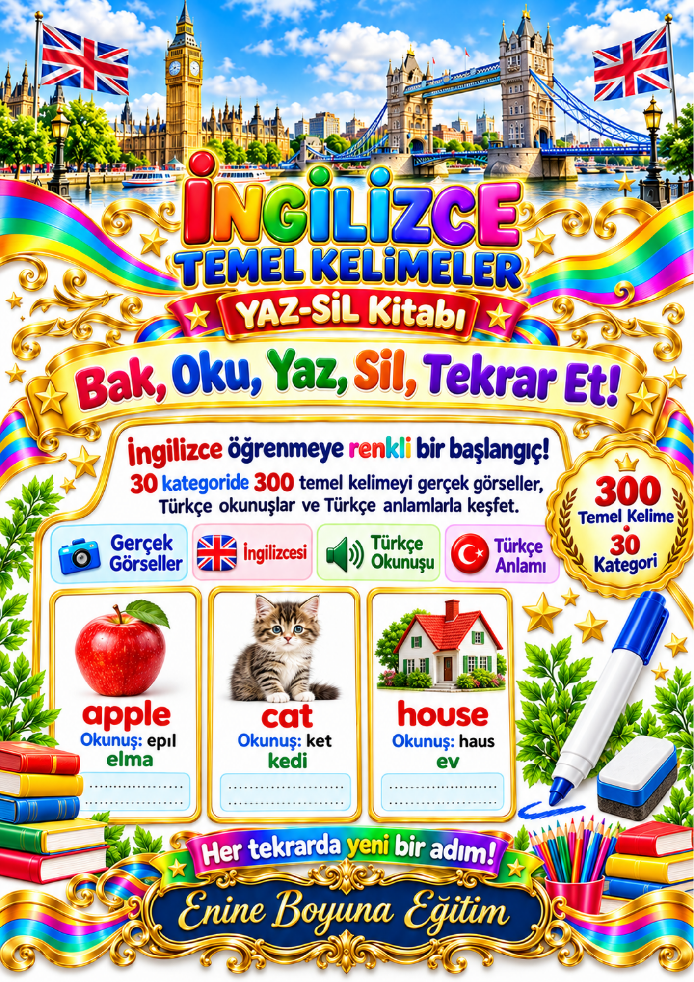 İngilizce Temel Kelimeler Yaz-Sil Kitabı | 30 Kategoride 300 Kelime 