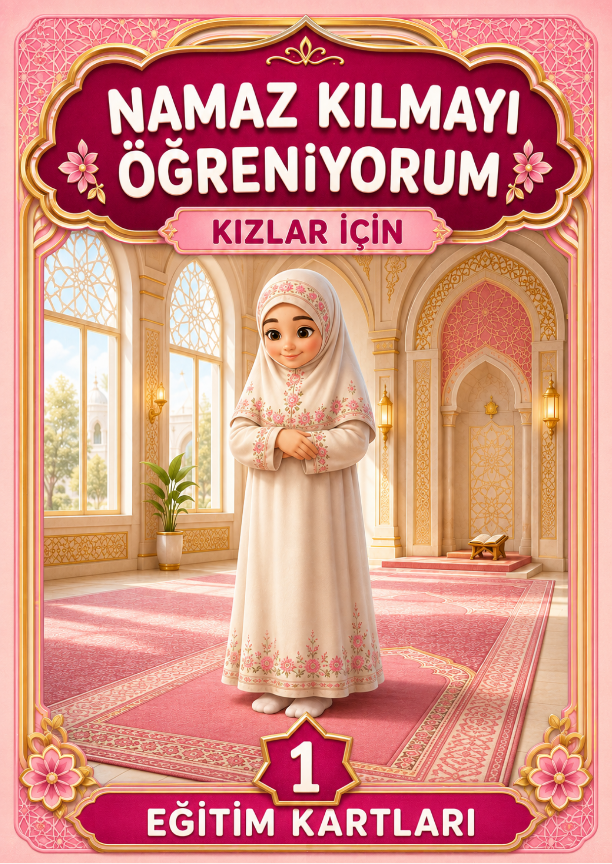 Kız Çocuklar İçin Zincirli Abdest ve Namaz Kartları – 50 Kart + Silinebilir Kalem