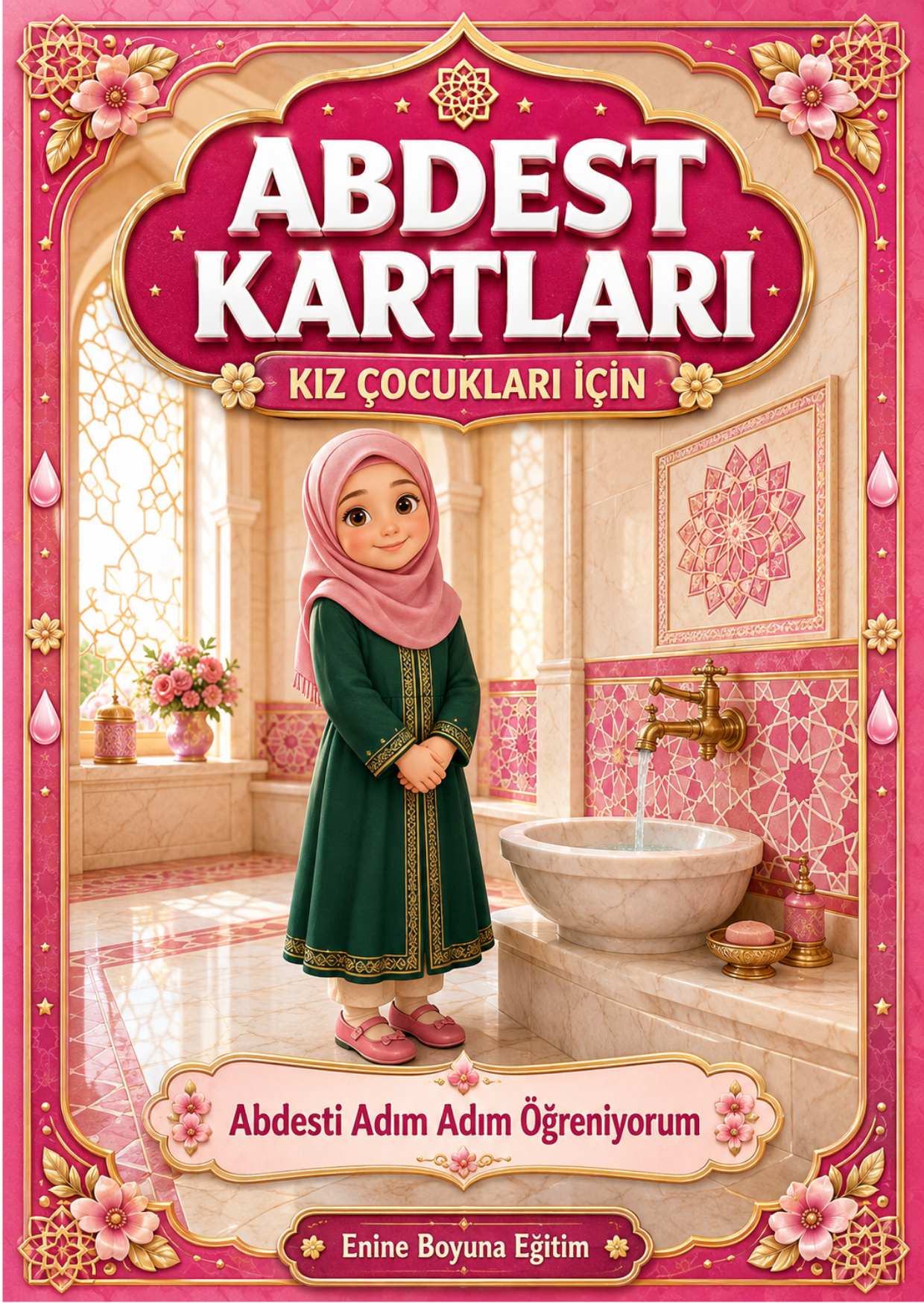 Kız Çocuklar İçin Zincirli Abdest ve Namaz Kartları – 50 Kart + Silinebilir Kalem