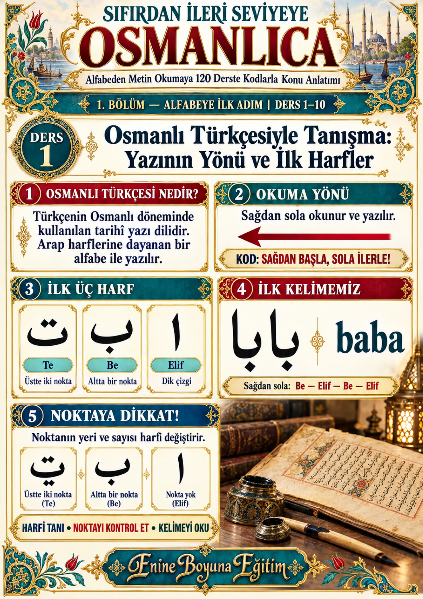 Kodlarla Osmanlıca Öğreten Kitap – 230 Ders | Tamamı Renkli | 