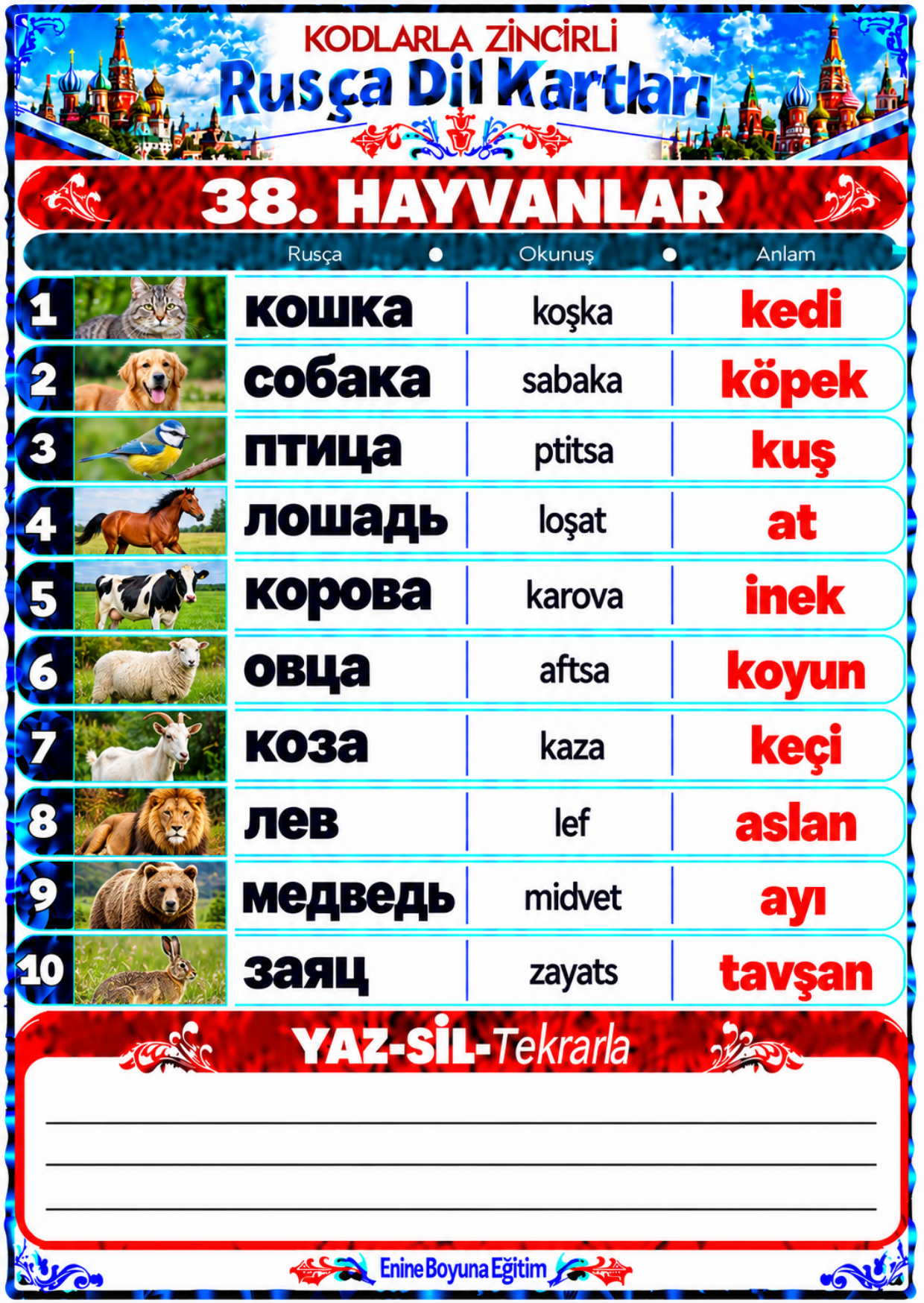 Kodlarla Rusça Dil Kartları- YAZ-SİL ve Laminasyonlu