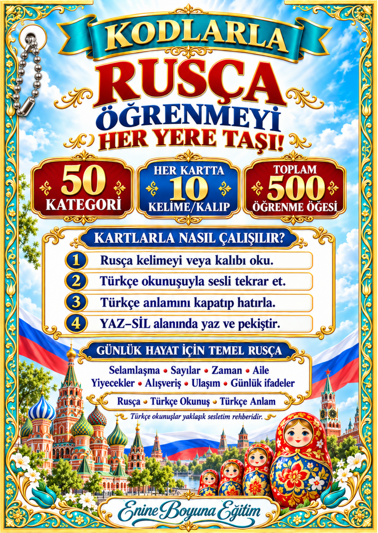 Kodlarla Rusça Dil Kartları- YAZ-SİL ve Laminasyonlu