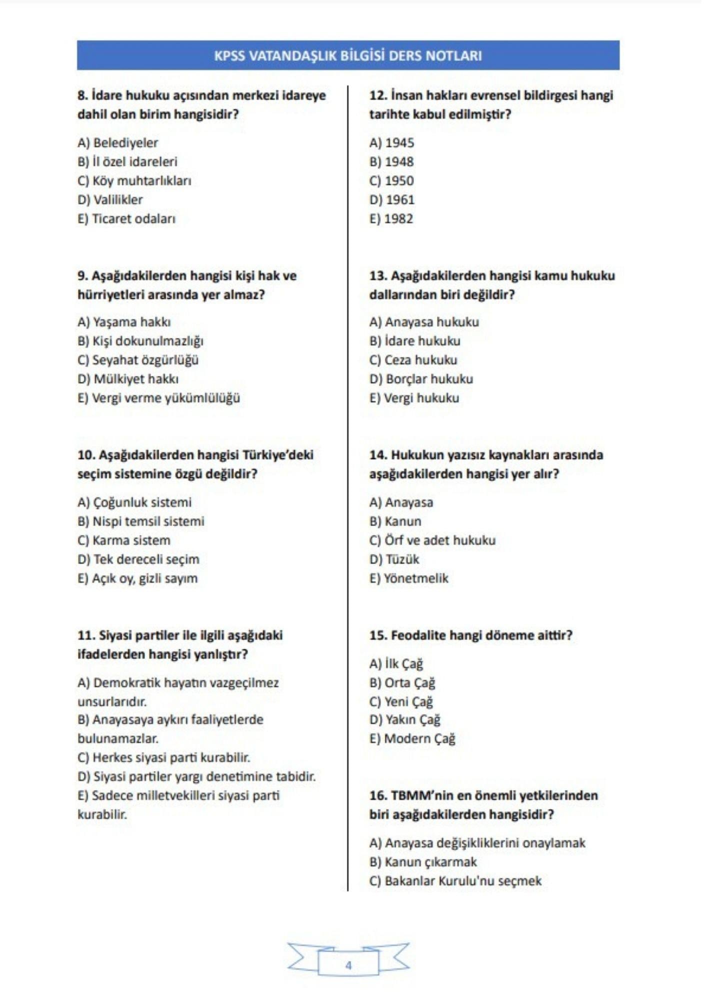 KPSS Vatandaşlık Ders NOTLARI (Çıkacak Sorular)
