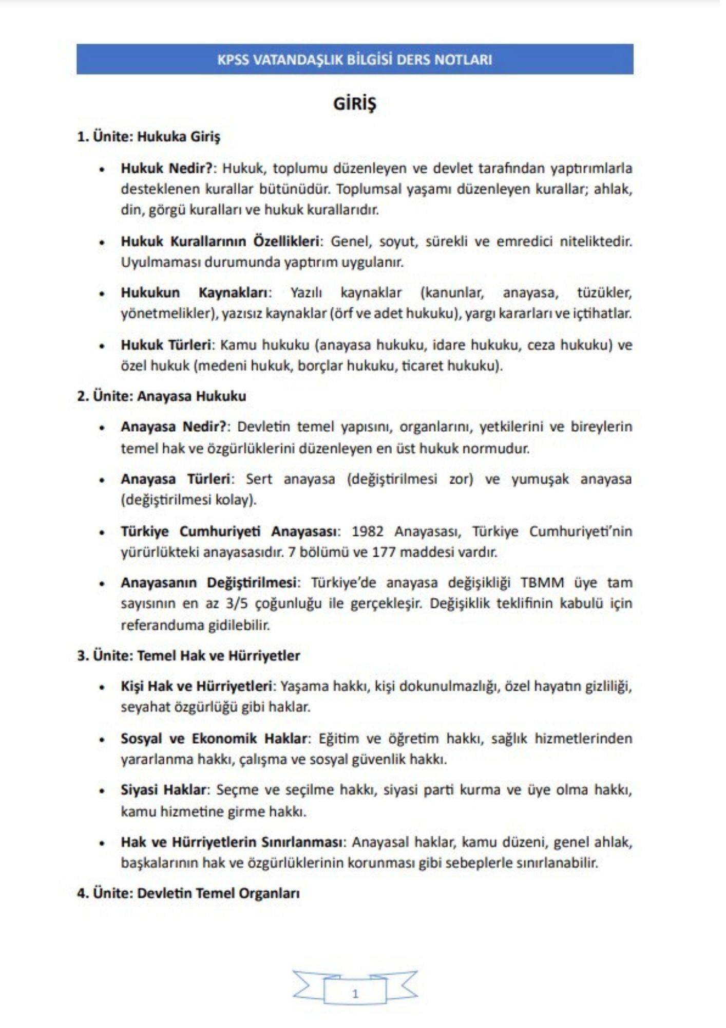 KPSS Vatandaşlık Ders NOTLARI (Çıkacak Sorular)