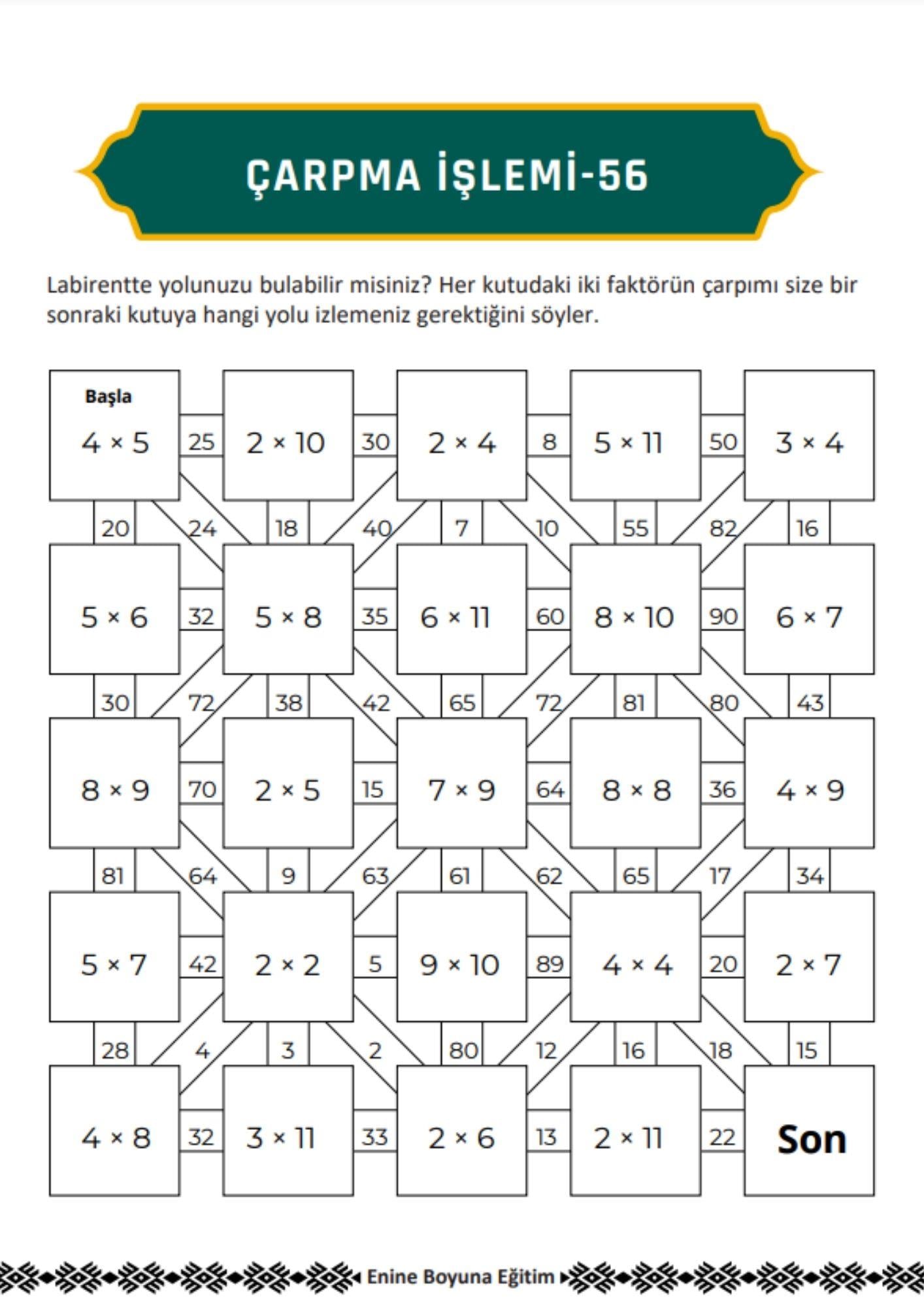 Labirentli Matematik Çarpma İşlemi Kitabı