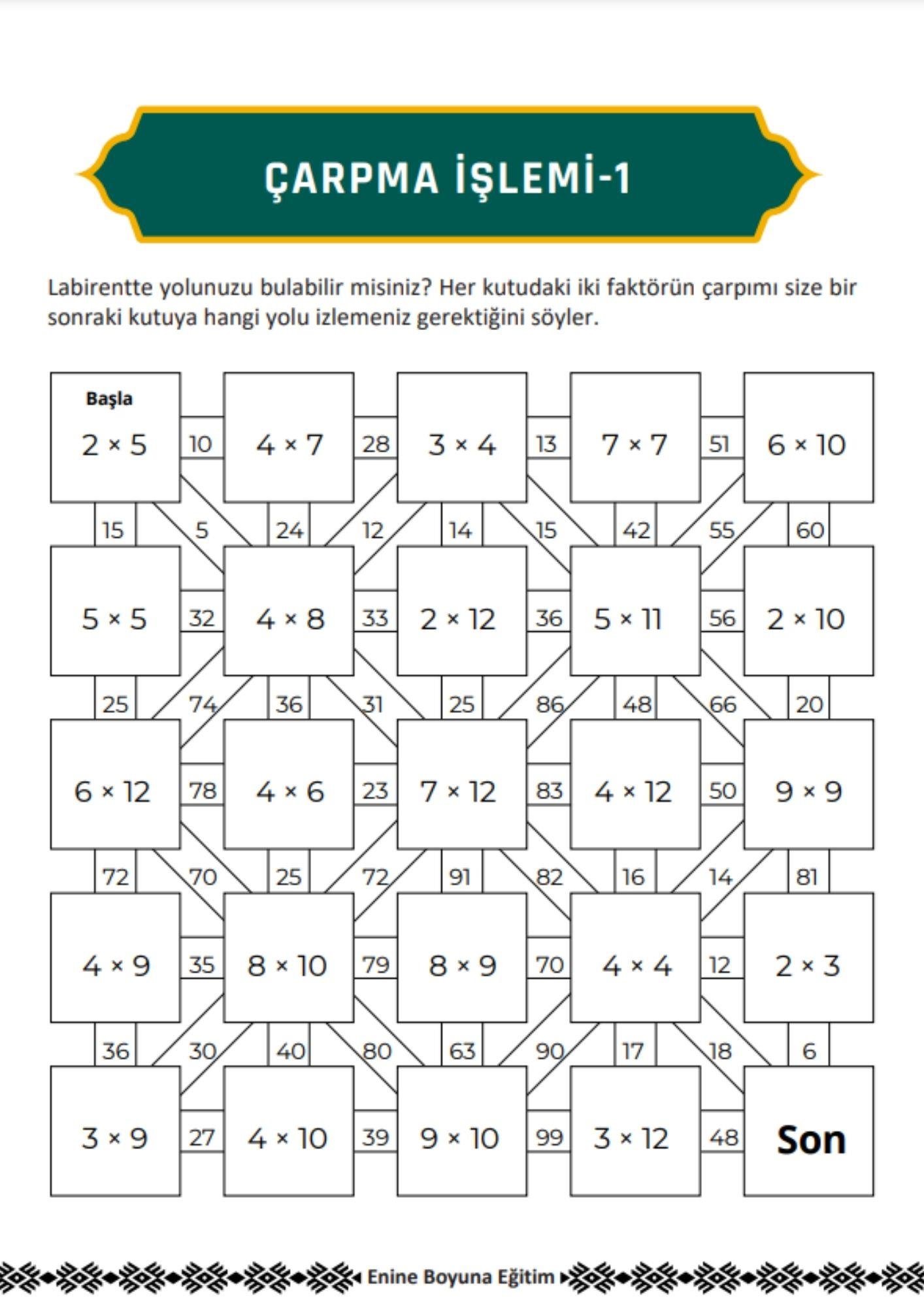 Labirentli Matematik Çarpma İşlemi Kitabı