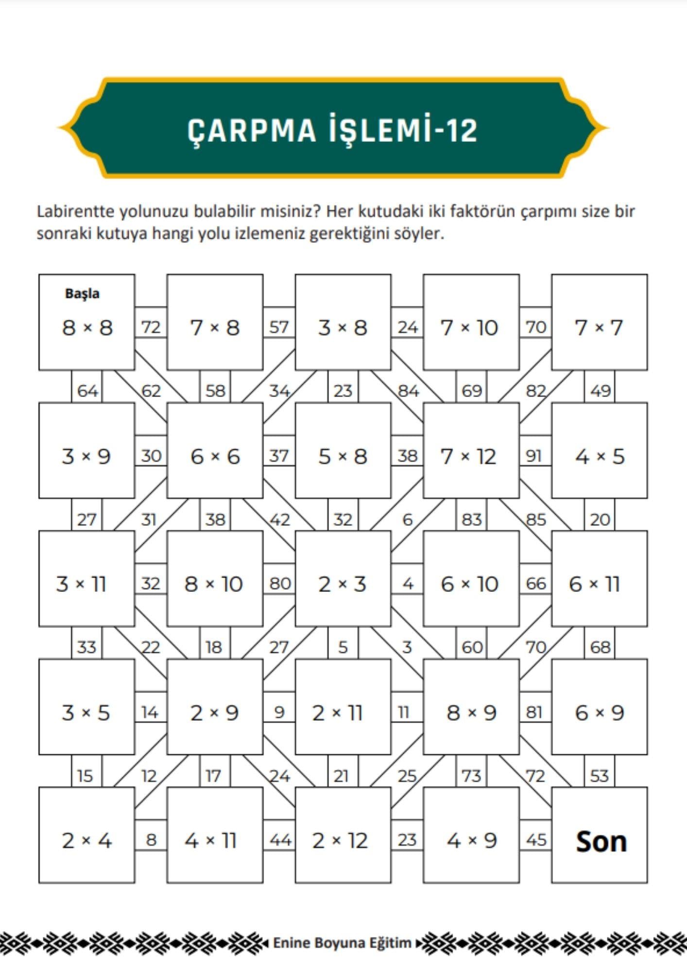 Labirentli Matematik Çarpma İşlemi Kitabı