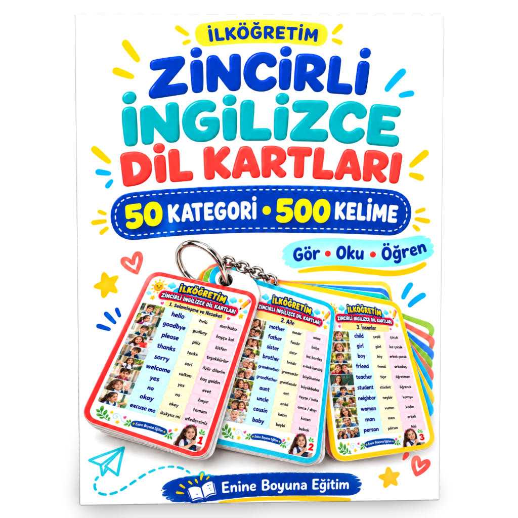 LAMİNE EDİLMİŞ İLKÖĞRETİM ZİNCİRLİ İNGİLİZCE DİL KARTLARI