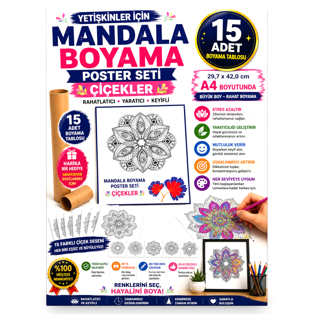Mandala Poster Tablosu Çiçekler 15 Adet (30 cm x42 cm)