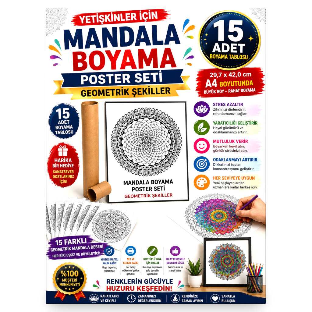 Mandala Poster Tablosu Geometrik Şekiller 15 Adet (30 cm x42 cm)