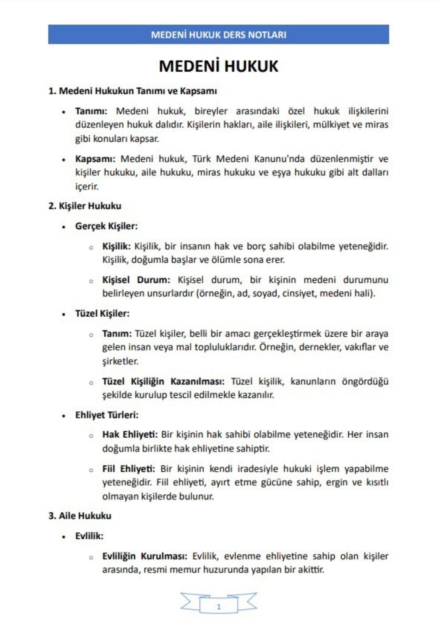 Medeni Hukuk Ders Notları 