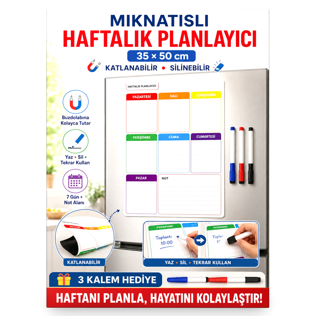 Mıknatıslı Haftalık Planlayıcı – 35 × 50 cm Katlanabilir, Silinebilir Yazı Tahtası + 3 Kalem