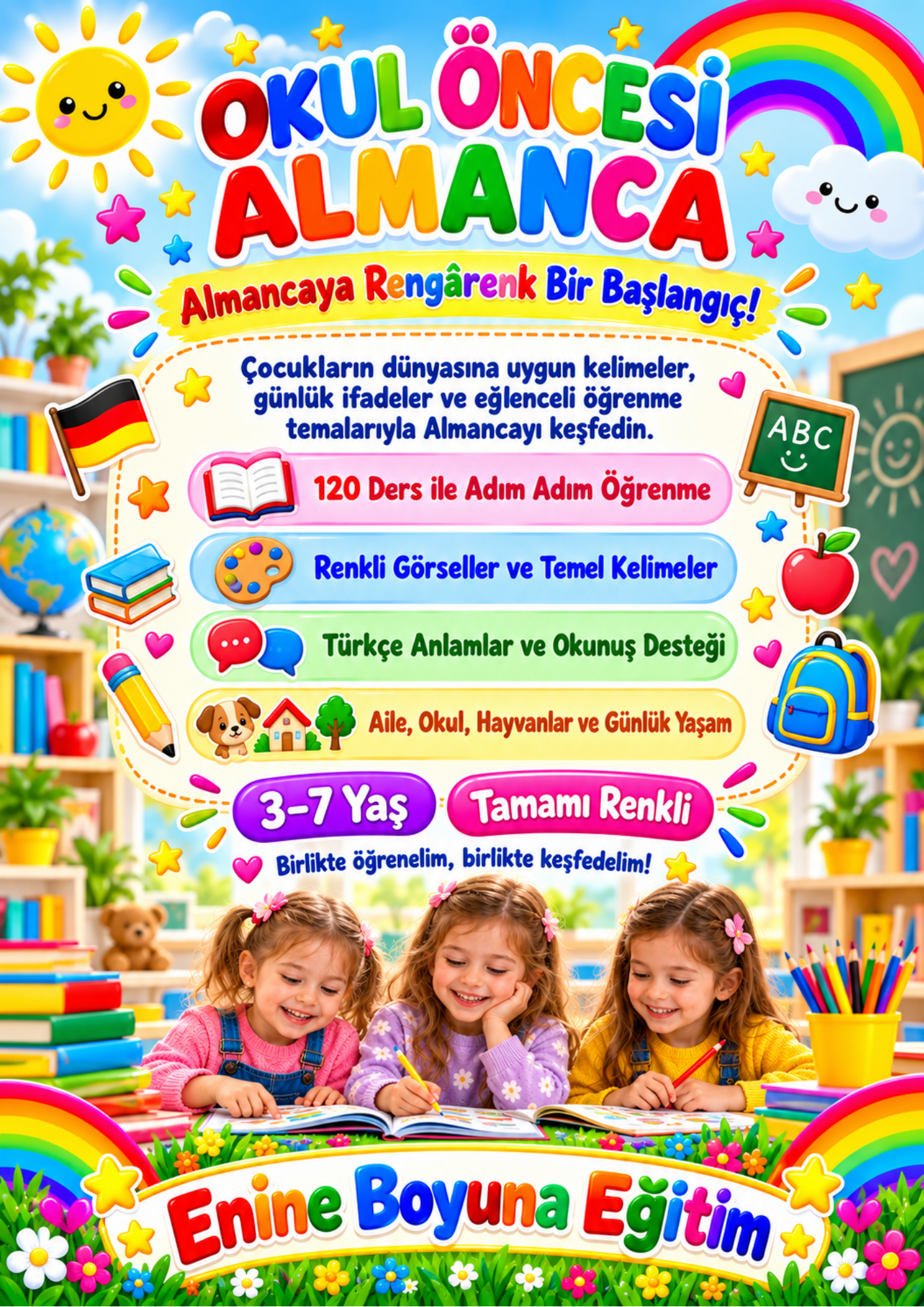 Okul Öncesi Almanca Eğitim Kitabı – 120 Ders | 3–7 Yaş | Tamamı Renkli