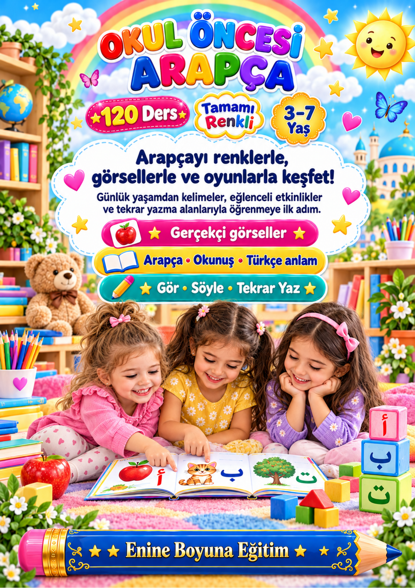 Okul Öncesi Arapça Öğrenme Kitabı | 3–7 Yaş | 120 Ders | Tamamı Renkli