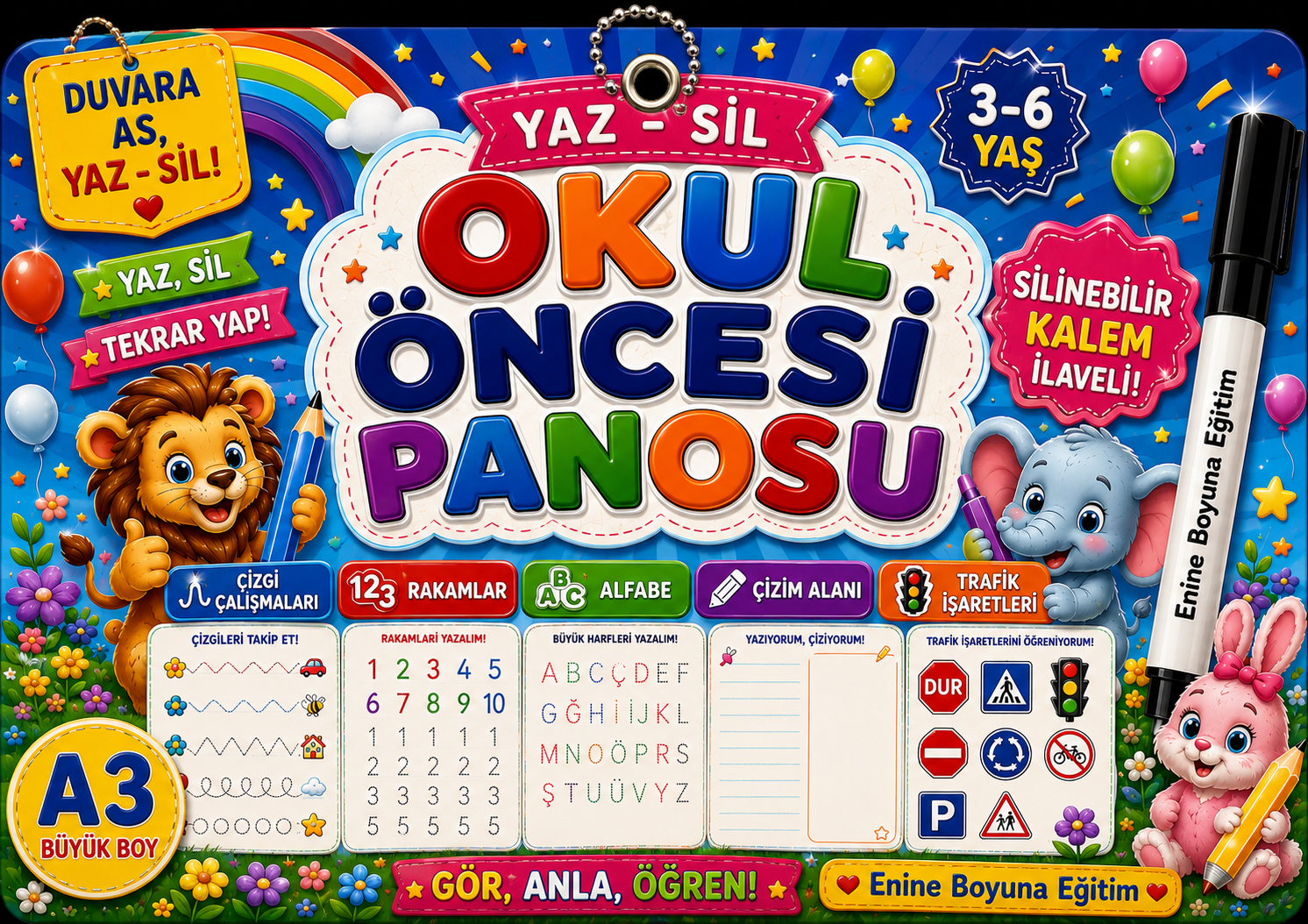 OKUL ÖNCESİ PANOSU – A3 BÜYÜK BOY YAZ-SİL EĞİTİM SETİ