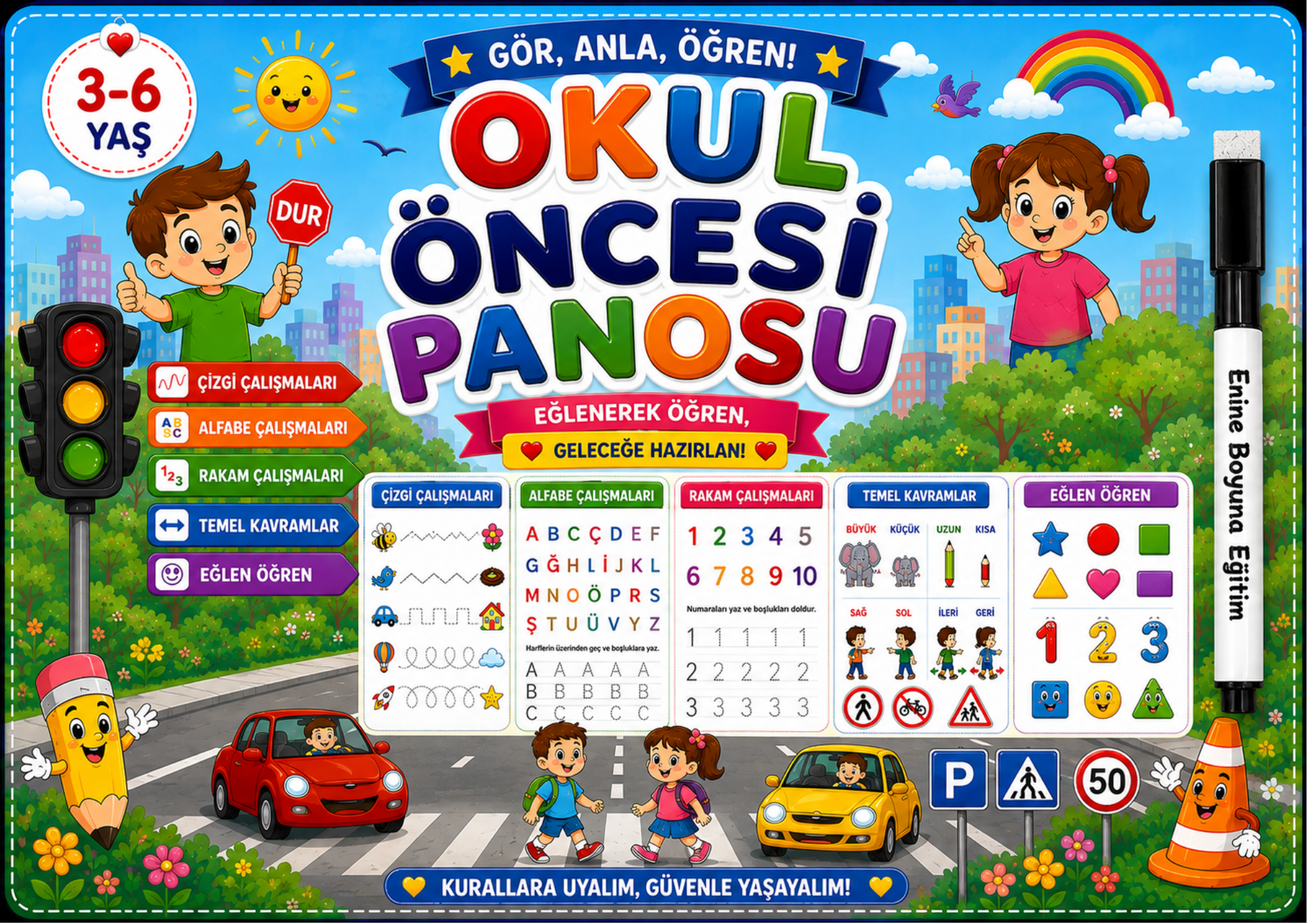 OKUL ÖNCESİ PANOSU – Spiralli Büyük Boy Kitap | A3 Boyut | Silinebilir Kalem İlaveli