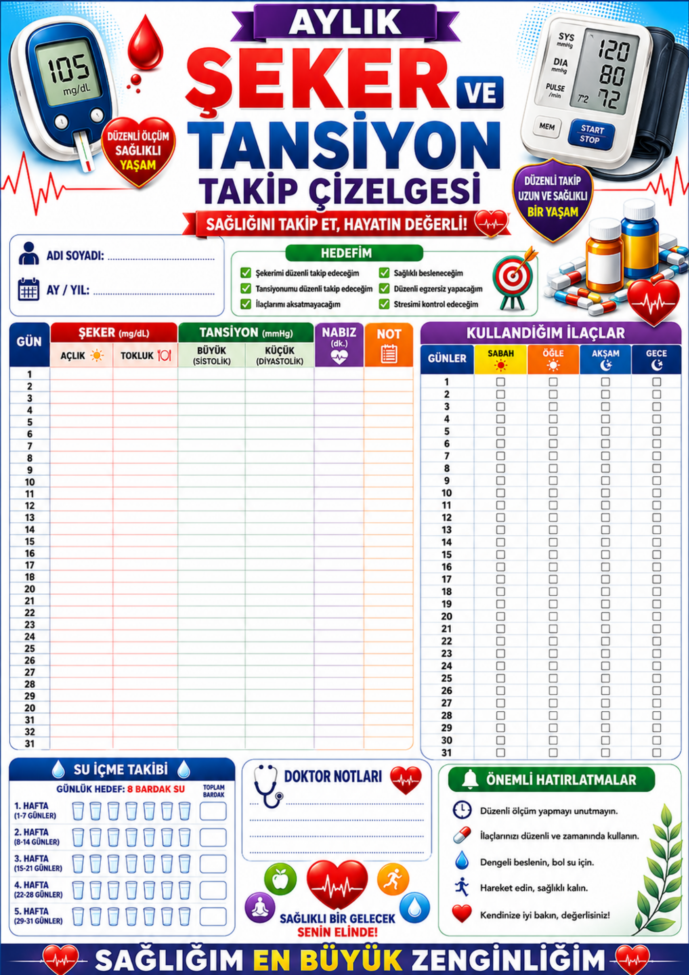 ŞEKER VE TANSİYON TAKİP ÇİZELGESİ – YAZ-SİL DEFTERİ